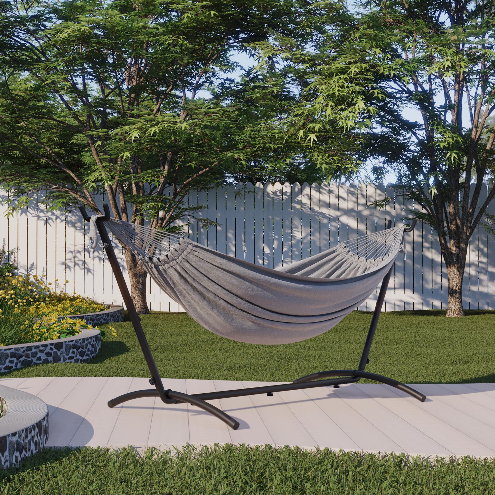 Mondeer Amaca da Campeggio con Supporto Amaca da Giardino per Esterni in Tessuto Singolo con Telaio in Metallo con Borsa Portatile e Accessori, Capacità di Carico 200 Kg, per Viaggi, Patio