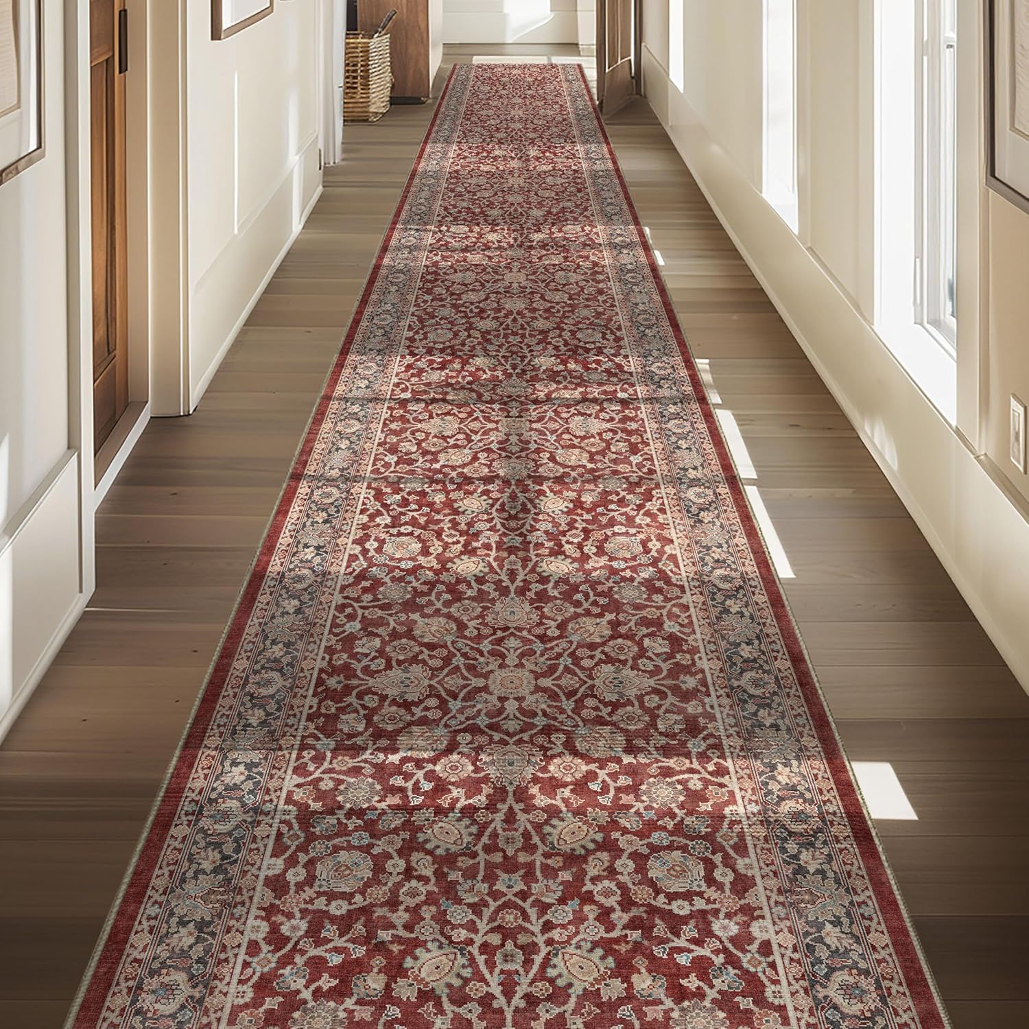 Well Woven Custom Size Hallway & Stair Runner- Asha Rome Red 26 Inches Wide Super Thin Long Runner (26" x 5' Runner) Rug - Floral Pattern, Easy Clean, Floor-Friendly Backing