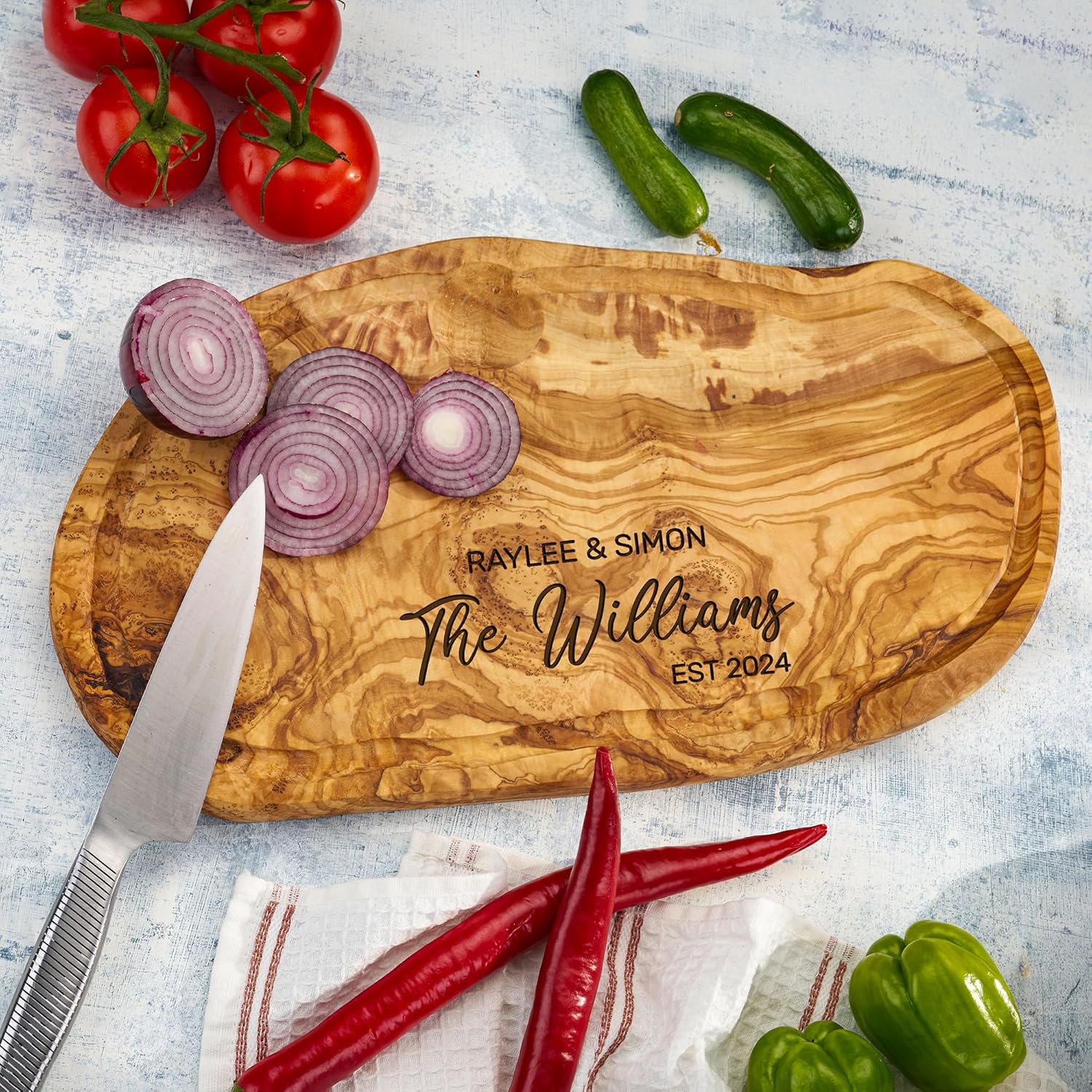 AWESOMETIK Juice Groove Personalized Olive Wood Gourmet Cutting Board – Artisan Made Olivewood Serving Board for Cheese, Bread, Meats – Luxury Kitchen Accessory Gift- Handcrafted - Premium - Natural