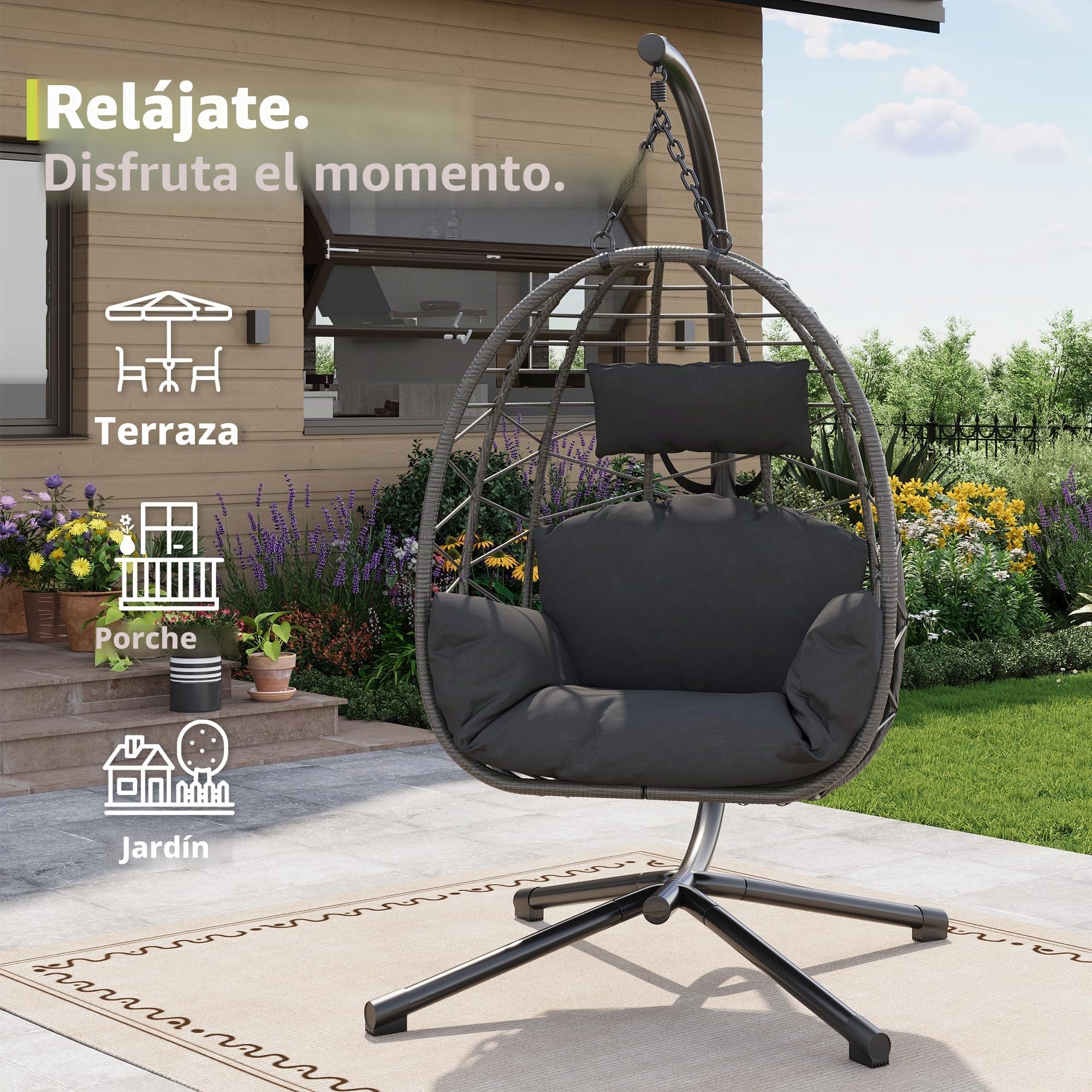 Silla Colgante con Marco para Exteriores, soporta hasta 150 kg, Silla Colgante de ratán con Estructura de Metal, Ideal como Silla Colgante de Interior, con Marco para jardín, terraza y balcón, Gris