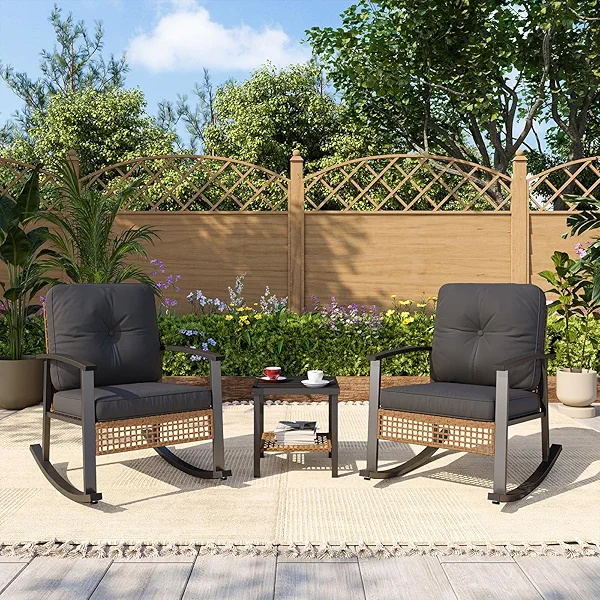 Aoxun 3-Piece Outdoor Rocking Bistro Set, Patio Furniture Set with Coffee Table and Thick Cushions, Wicker Rocking Chairs Set of 2 for Garden, Balcony, Backyard, Poolside (Black)