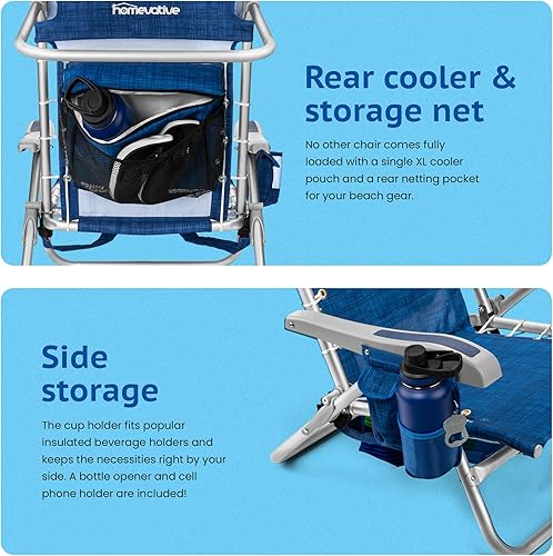 Miniatura 4 de Homevative Silla de playa tipo mochila plegable Cooler+ con 5 posiciones, toallero, bolsa para la nevera XL, red de almacenamiento, portavasos y