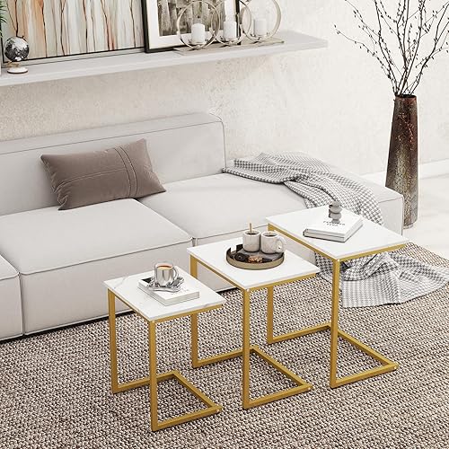 Miniatura 11 de Tangkula Juego de 3 mesas anidables, mesa auxiliar rectangular apilable con parte superior de madera y patas de metal, almohadillas ajustables para