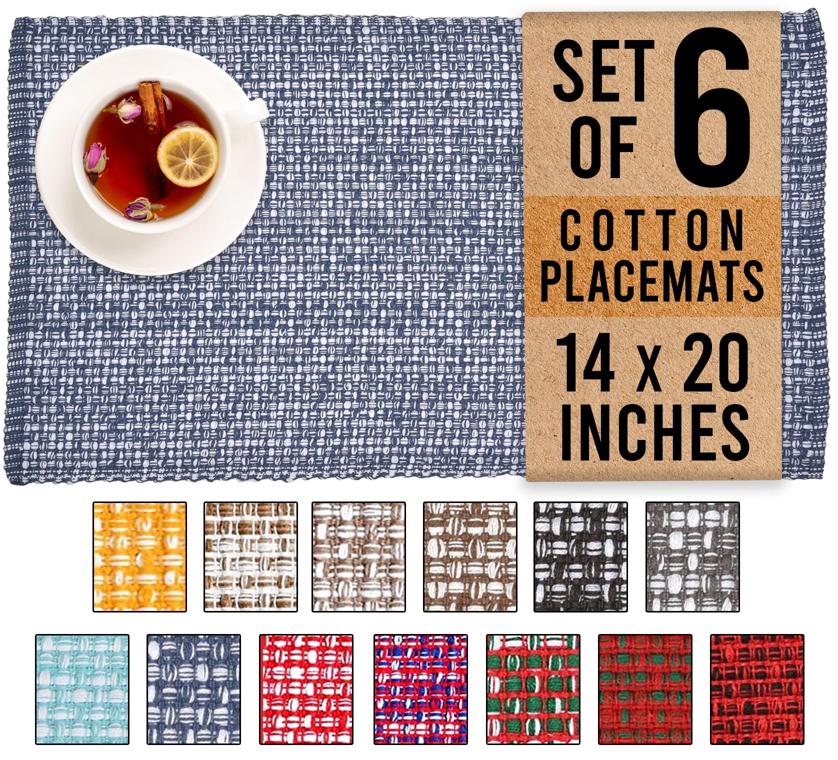 Urban Villa Placemats for Dining Table 100% CottonPlacemats 14''x20'' Over Sized Tablemats Set of 6Placemats Blue/White Two Tone Tablemats for Family Dinners Wedding Parties Everyday Use Placemats