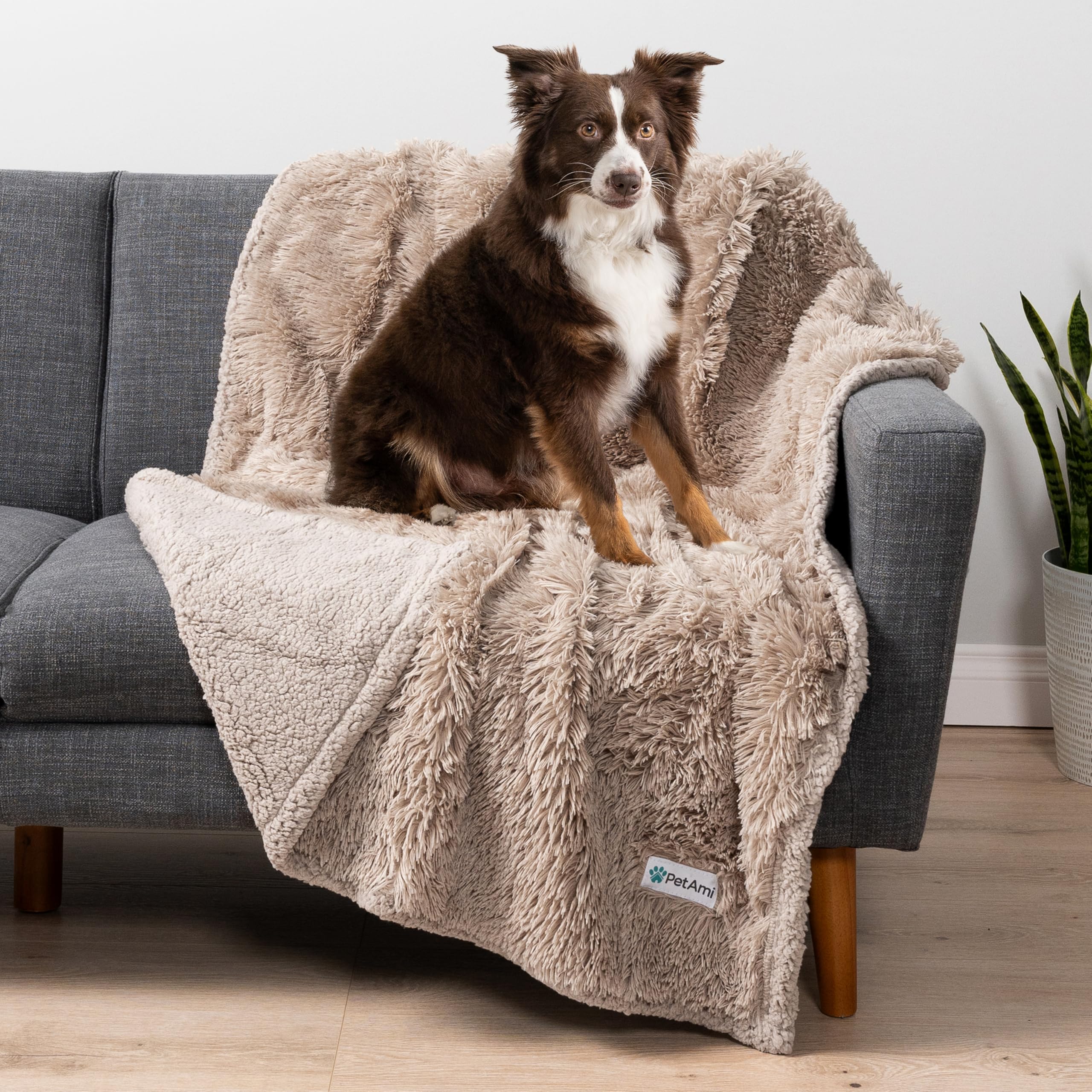PetAmi Waterproof Dog Blanket for Couch, Bed & Furniture,Reversible Sherpa & Faux Fur Pet Blanket, Leakproof Blanket for Dog Cat, Washable Couch Protector, Soft Calming Pet Throw (40x60, Taupe)