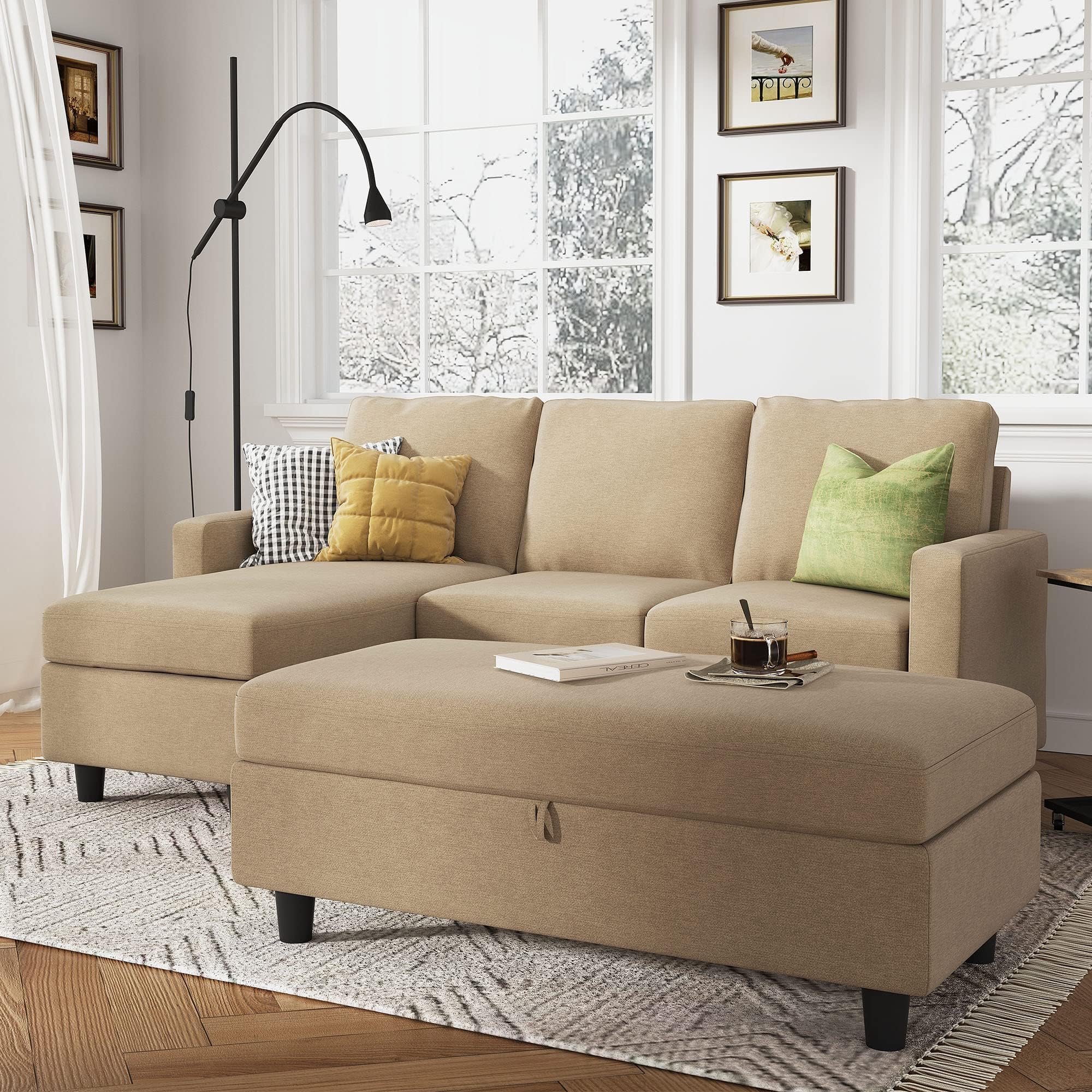 HONBAY Sectional Couch with Storage Ottoman, L Shaped Sofa for Living Room, Beige