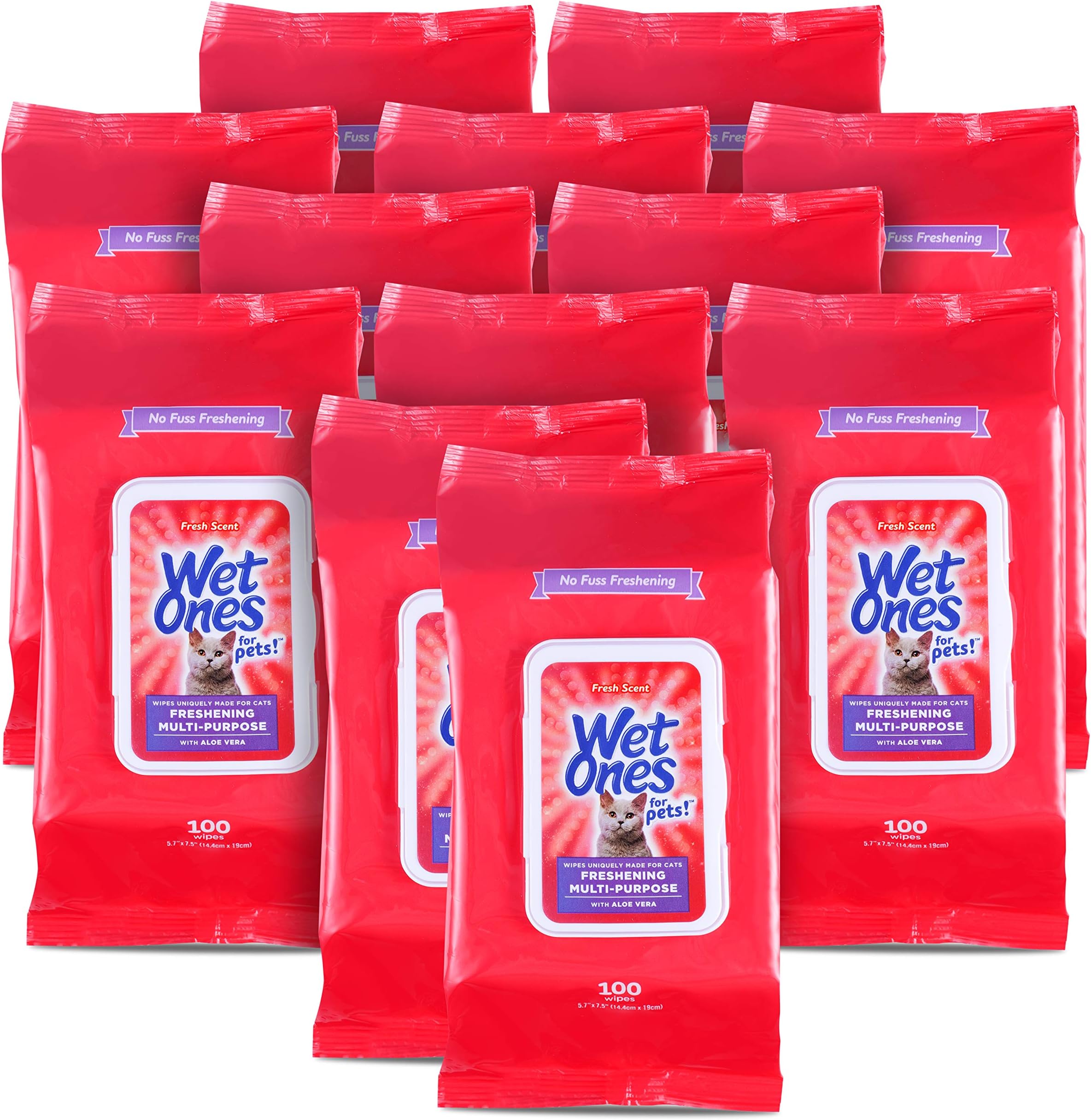 Wet Ones for Pets Freshening Multipurpose Wipes for Cats with Aloe Vera, Fresh Scent - Easy to Use Cat Cleaning Wipes for Pet Grooming, 100 Count - 12 Pack