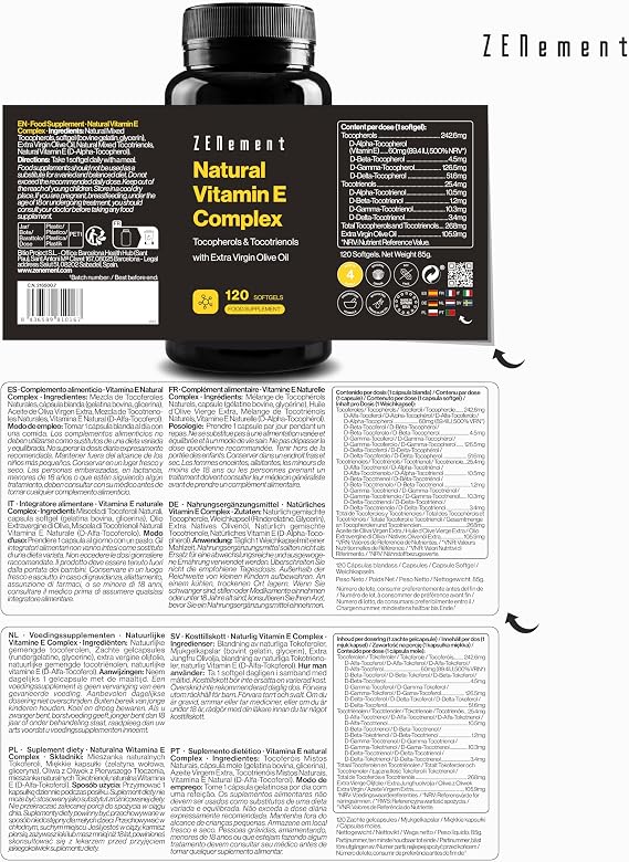 Natural Vitamin E Complex – Tocopherols and Tocotrienols – Powerful Antioxidant, Protects Cells from Oxidative Stress – with Spanish Extra Virgin Olive Oil – 120 Capsules – Zenement