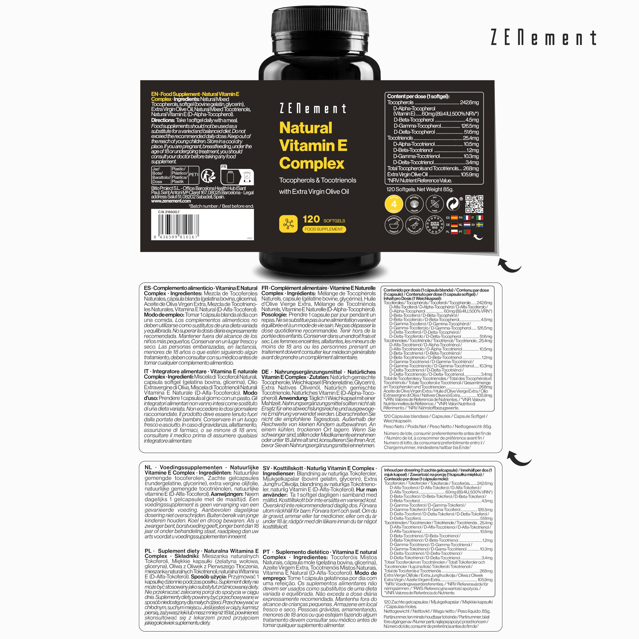 Natural Vitamin E Complex – Tocophérols et Tocotriénols – Puissant Antioxydant, Protège les Cellules du Stress Oxydatif – avec Huile d’Olive Vierge Extra Espagnole – 120 Gélules – Zenement