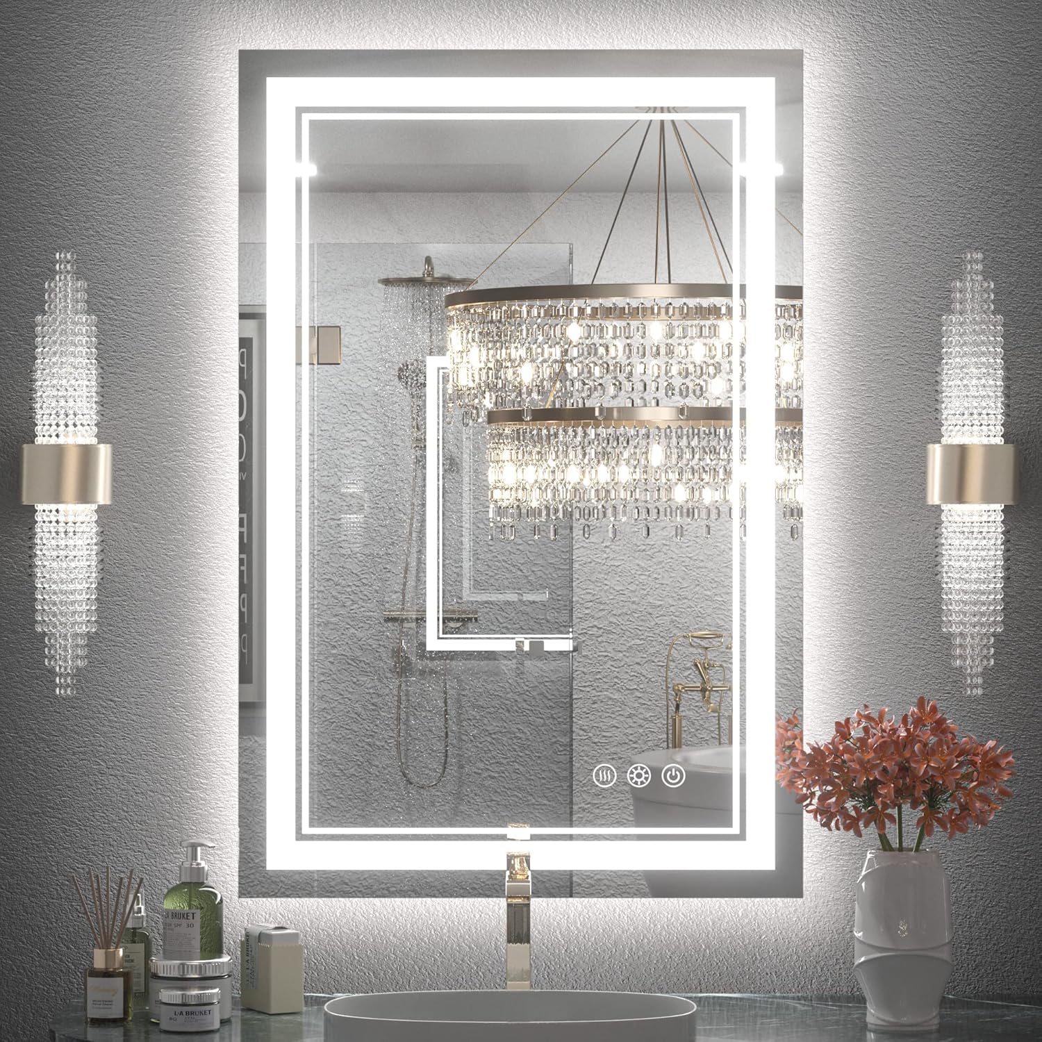 Keonjinn LED Bathroom Mirror 24 x 36 with Front and Backlight Stepless 3 Colors Temperature Dimmable Backlit Mirror