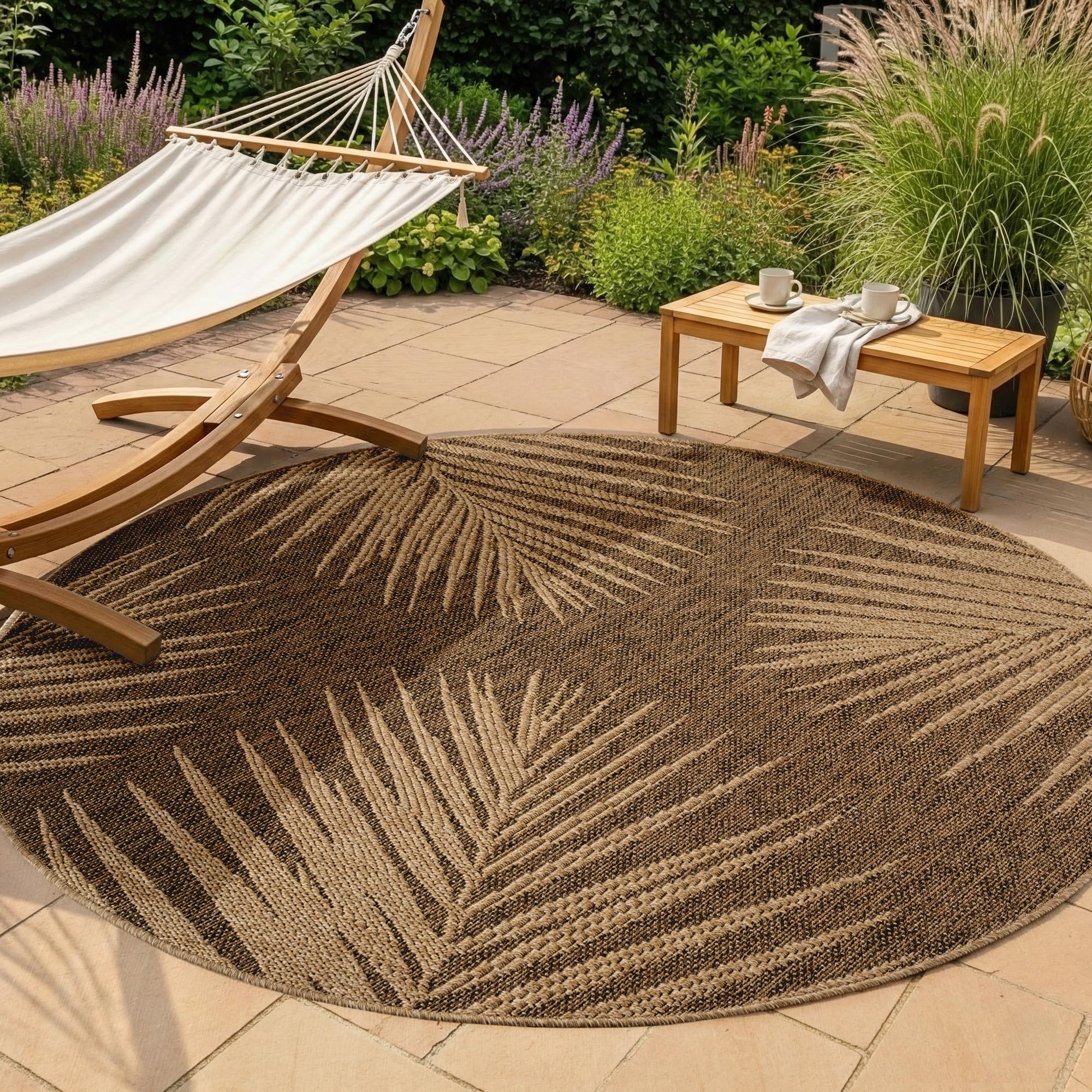 SIMPEX Tapis Extérieur Rond 160 cm Résistant aux Intempéries Facile d'entretien Aspect Jute Naturel Design Palmiers pour Terrasse Jardin Salon Salle à Manger