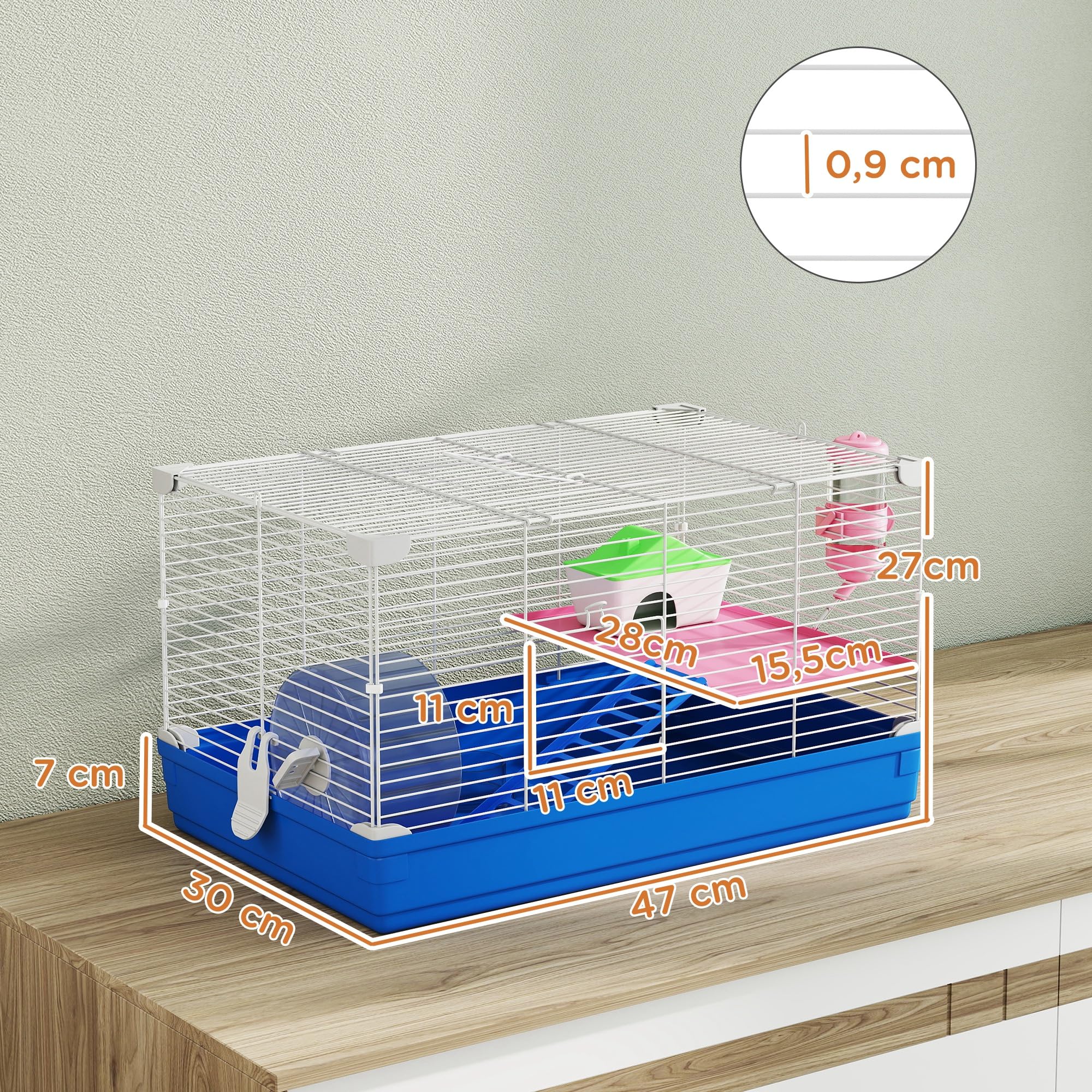 PawHut Jaula para Hámster, Casa para Roedores Pequeños con Rueda de Ejercicio, Cuenco, Bebedero, Casita, Rampas, Plataforma, Bandeja Extraíble, para Jerbos, 47x30x27 cm, Azul