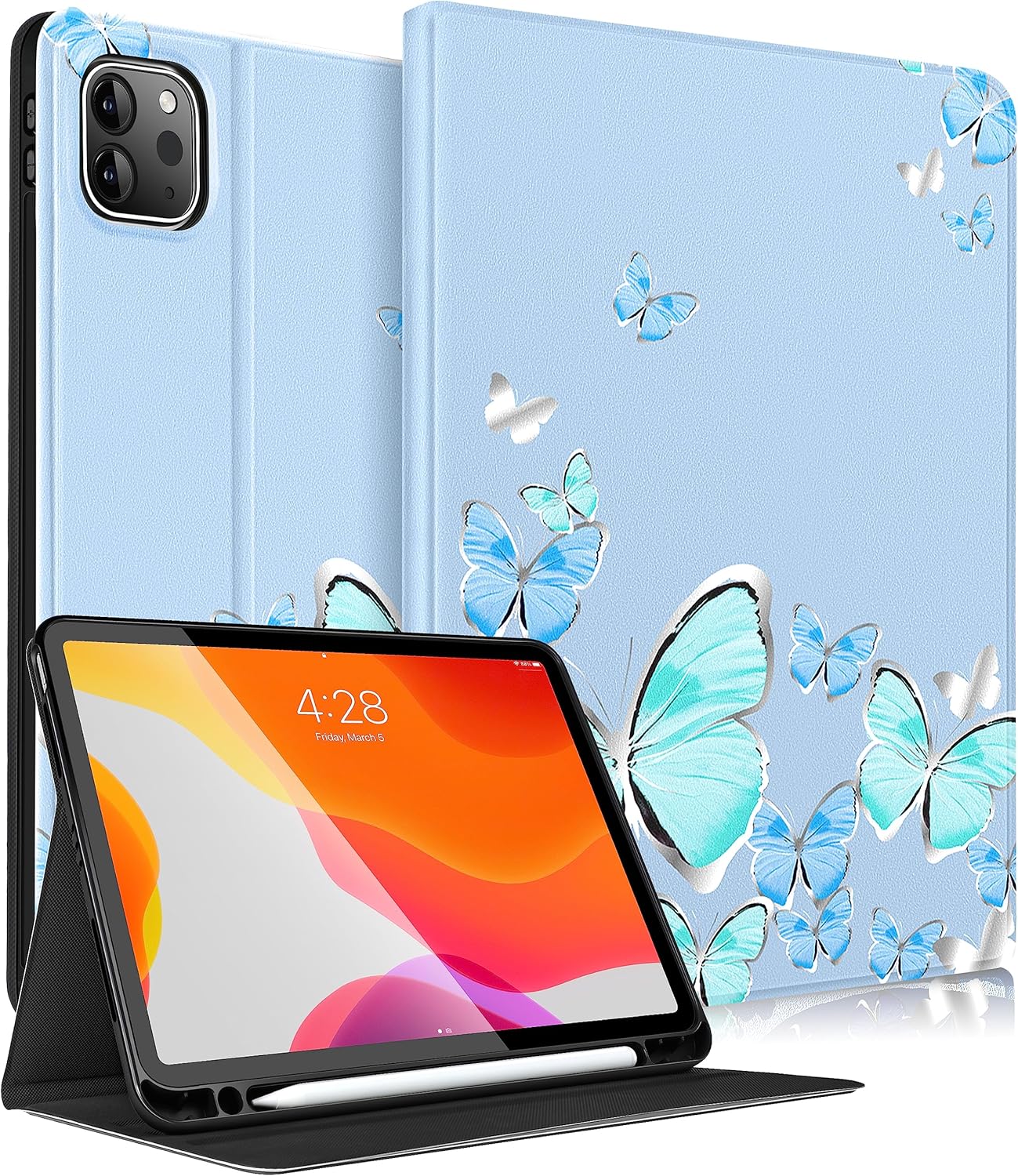 Uppuppy for iPad Pro 12.9 Case, Kids Folio PU Leather Cover with Apple Pencil Holder, Auto Sleep/Wake, Adjustable Angles, for iPad Pro 12.9 6th/5th/4th/3rd Gen, Sun Moon Black