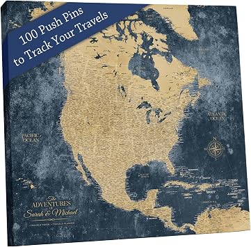 HolyCowCanvas Gold & Navy Textured North America Map on Canvas, Travel Map with Pins to Mark Travels, North America Pin Board, Maps for Wall Push Pin, Gift for Travelers 30" x 30", Gallery Wrapped