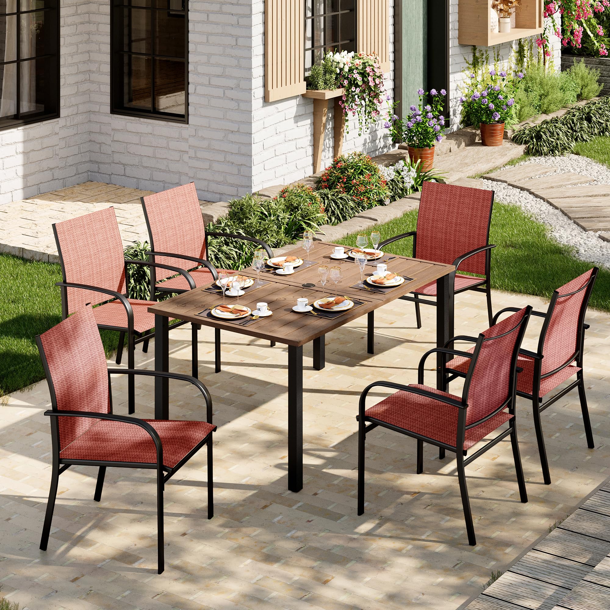 Patio Table and Chairs Set, Outdoor Dining Set for 6 with Red Chairs and Teak Color Tabletop Outdoor Dining Table, 7-Piece Patio Furniture Set for Deck Backyard Lawn