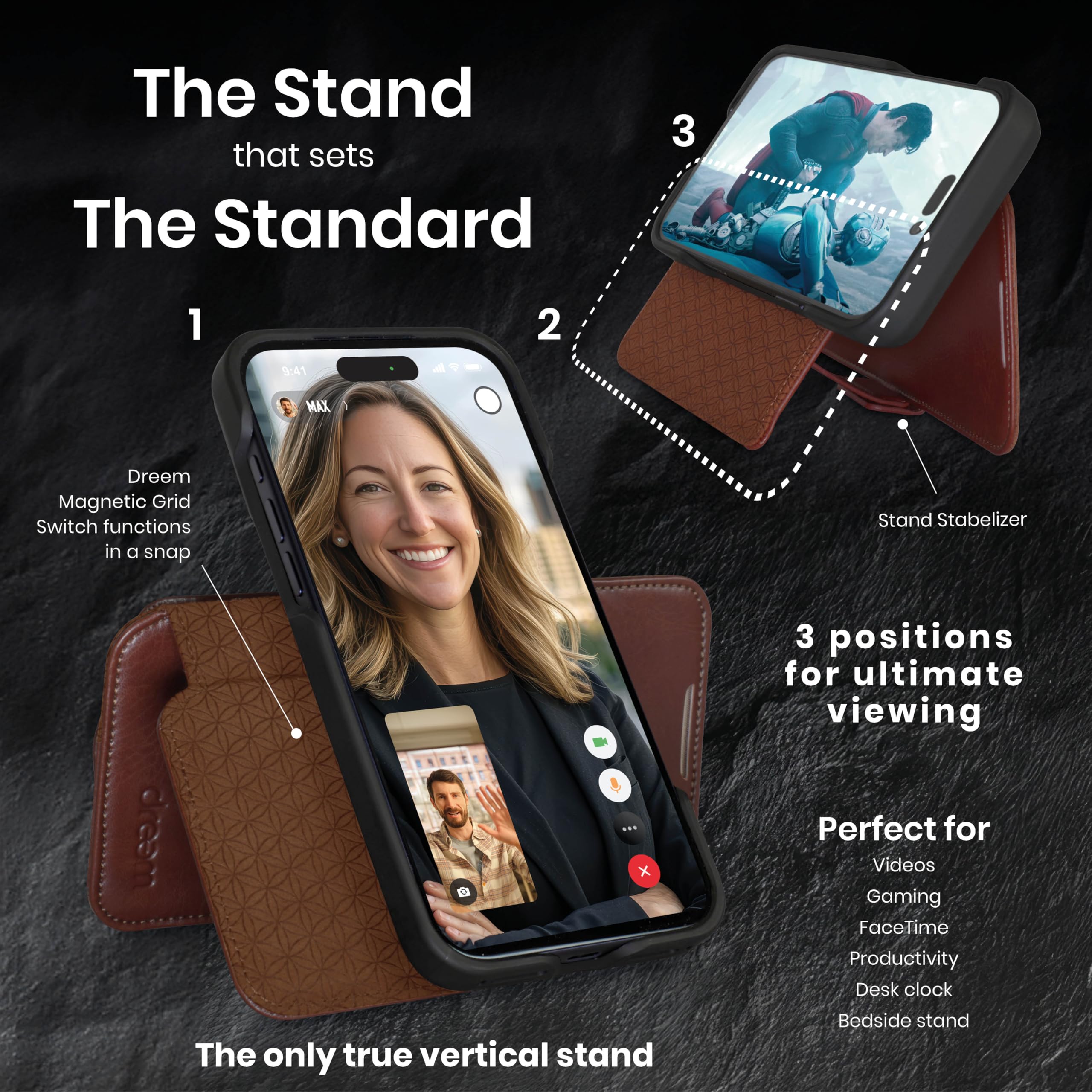 Dreem Wallet Case for iPhone 17 Pro Max, Revolutionary Vert/Hor Phone Stand, Magnetic Detachable Vegan Leather Flip Cover RFID Blocking Card Holder, MagSafe-Fit, Gift Box [Fibonacci: Coffee] - 3