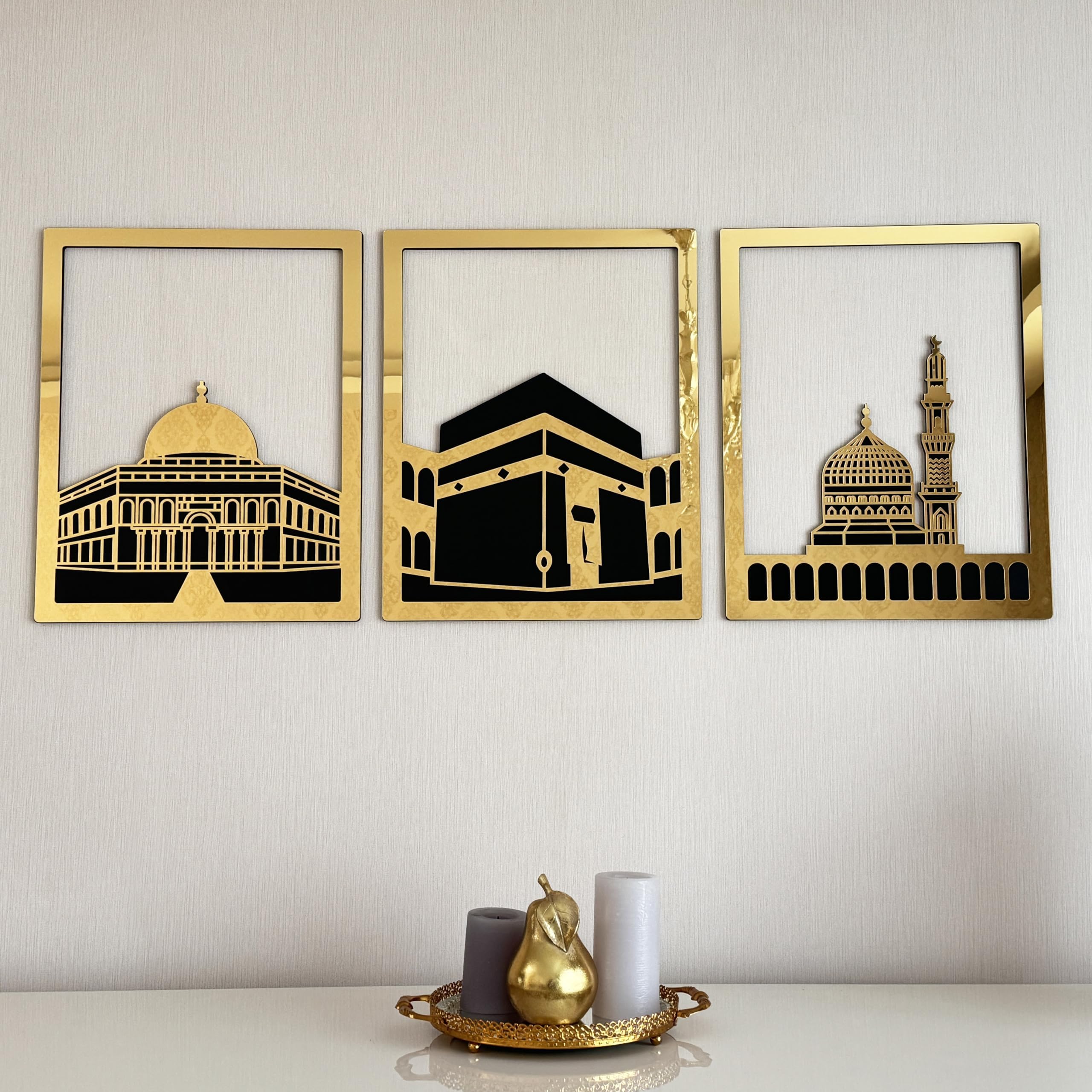 Masjid Al Aqsa, Kaaba & Masjid An-Nabawi Islamic Wall Art, Wooden Blessed Places Islamic Wall Decor, Gift for Muslims at Ramadan Eid (Large, Silver | All Three) (Gold, 37.6L x 30W cm, imade1)