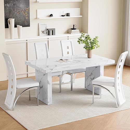 Miniatura 11 de Juego de mesa de comedor moderno para 6, juego de mesa de comedor blanco de 63 pulgadas para 6, tablero de mesa de cocina MDF con patrón de mármol y