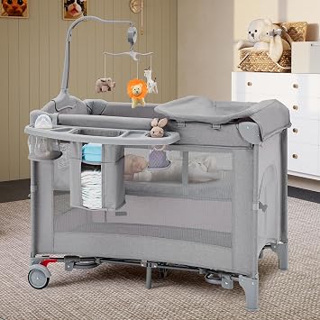 HARPPA Pack and Play 6 in 1, Portable Baby Playard for Travel, Baby Bassinet Bedside Sleeper with Mattress, Rolling Bassinet for Infant, Pack n Play with Changing Table, Bed CribGray