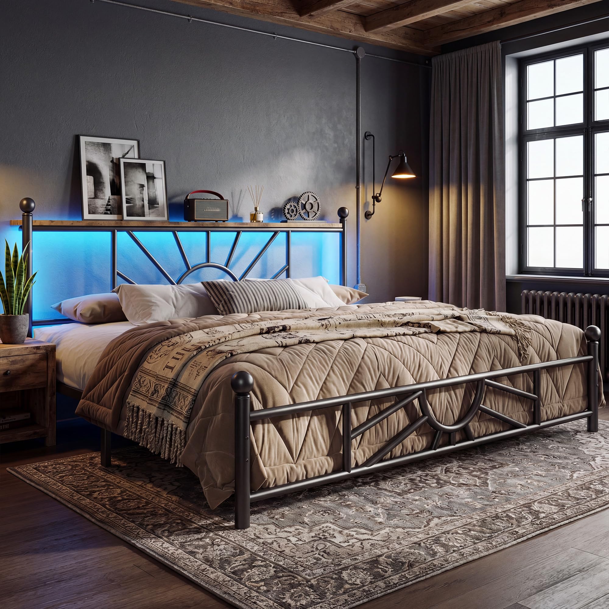 Homkdom Victorian King Size Metal Platform Bed Frame with LED Lights