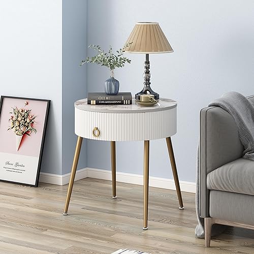 Miniatura 6 de OIOG Mesita de noche redonda con cajón, mesa auxiliar moderna con mesa de piedra natural de mármol y patas de metal, mesa auxiliar pequeña con