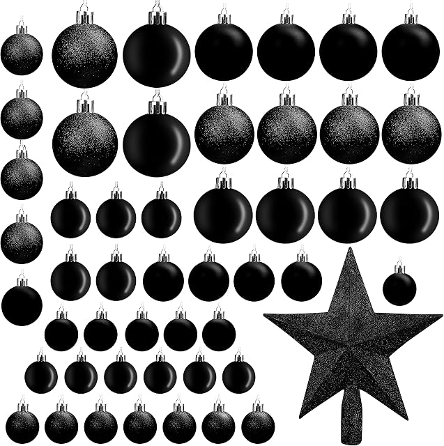 Belle Vous 50 Pack Christmas Baubles - Assorted Size Glittery Black Baubles with Star Tree Top - Xmas Tree Ball Hanging Ornaments for Christmas Decorations Holiday Party Indoor & Outdoor Decorations