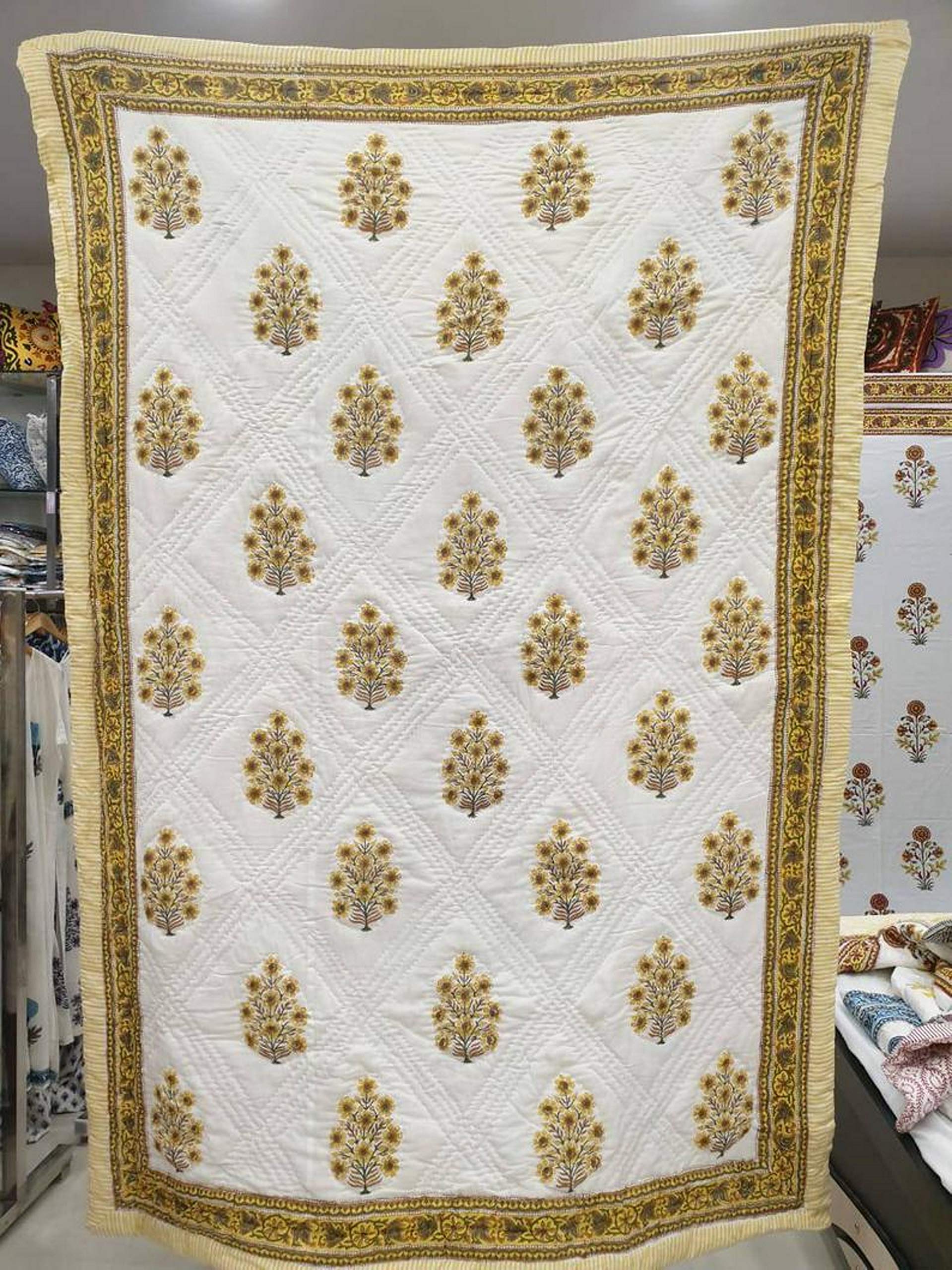 Jaipuri Razai Kantha haut de gamme - Couette de lit d'exception imprimée à la main
