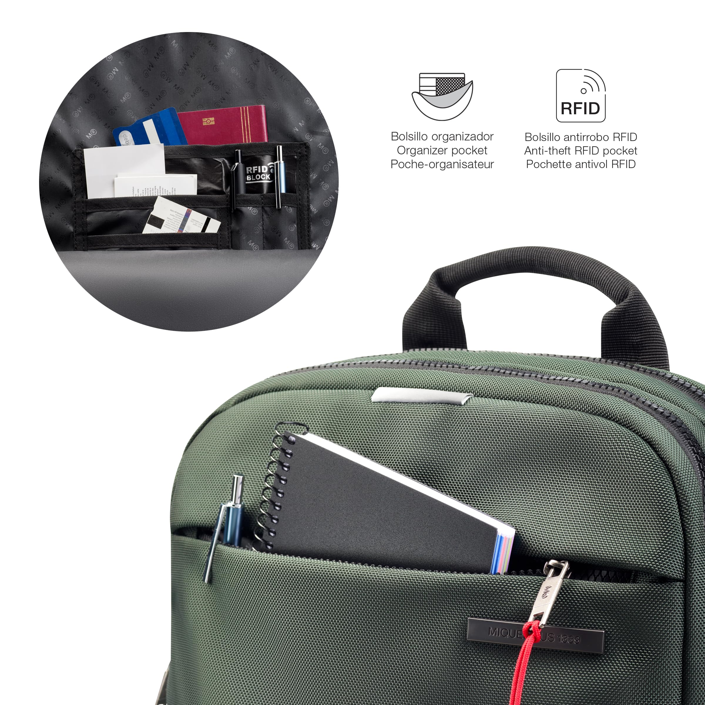 Miquelrius - Mochila ordenador de 13l, Bolsillo antirobo RFID, Detalles reflectantes, Cierre seguridad, Adaptable trolley, Mochila portátil+tablet, Repelente al agua