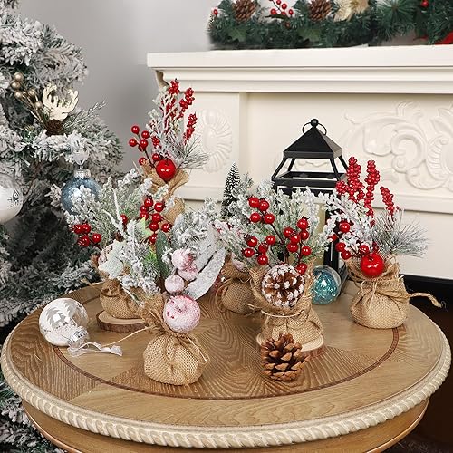 Miniatura 6 de winemana 6 piezas de mini decoración de mesa para árbol de Navidad, árboles artificiales pequeños de 9 pulgadas con bayas rojas y piña, centro de