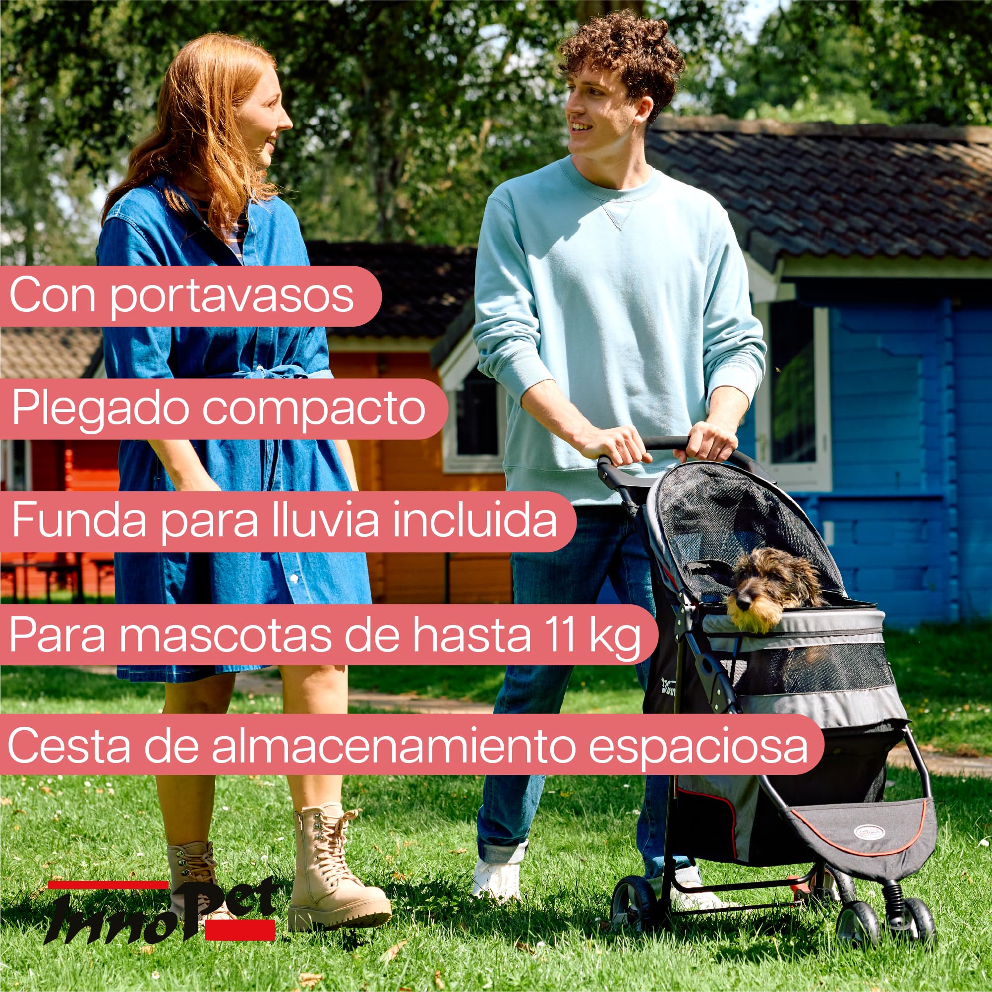 Innopet Avenue gris brillante/rojo - Carrito urbano ligero para perros y gatos con cubierta de lluvia, correas de seguridad y cesta de almacenamiento