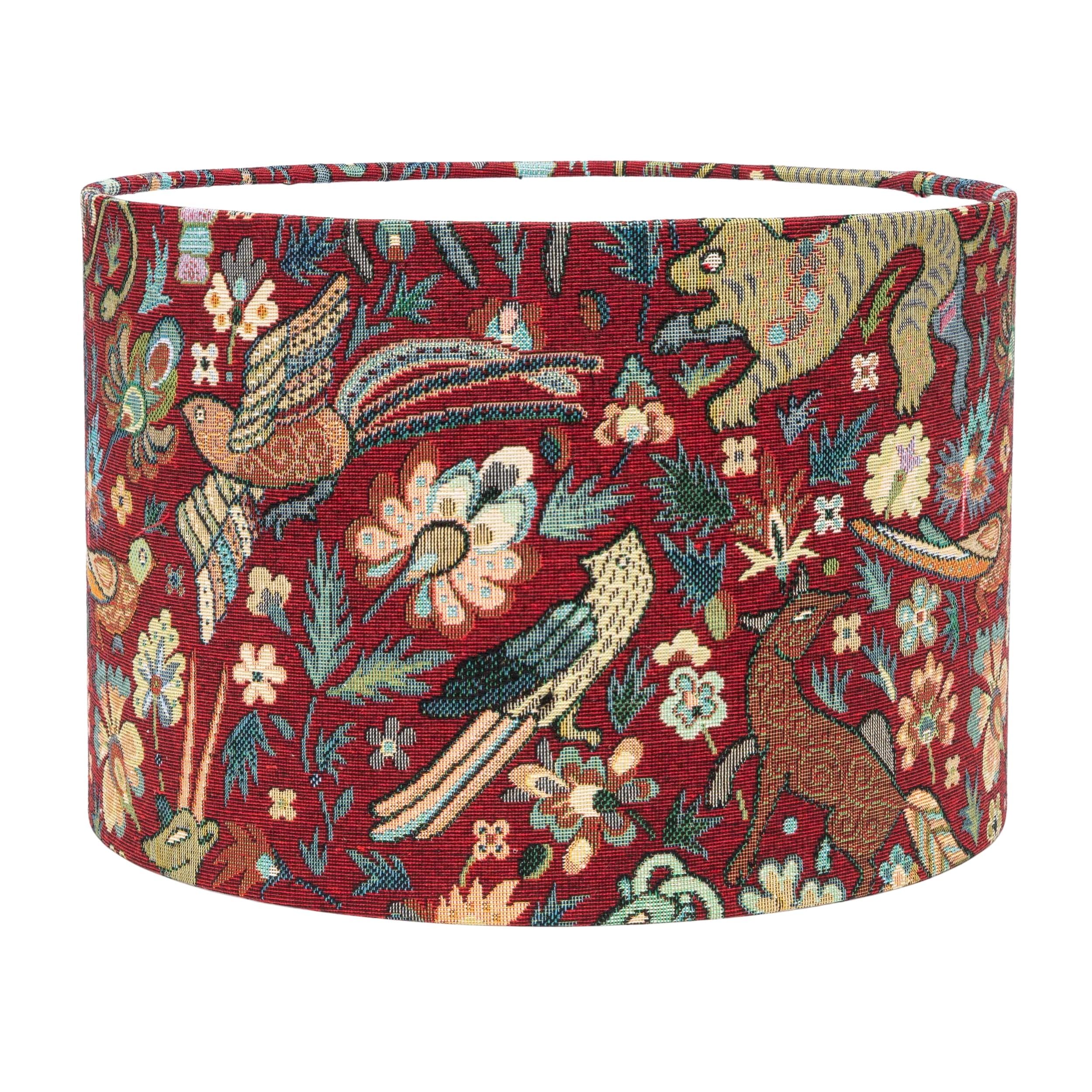Linen Loft Red Mythical Animals Lampshade In Traditional Classic William Morris Inspi Animal Design. Cylinder Style Shade. 40Cm Table Lamp.