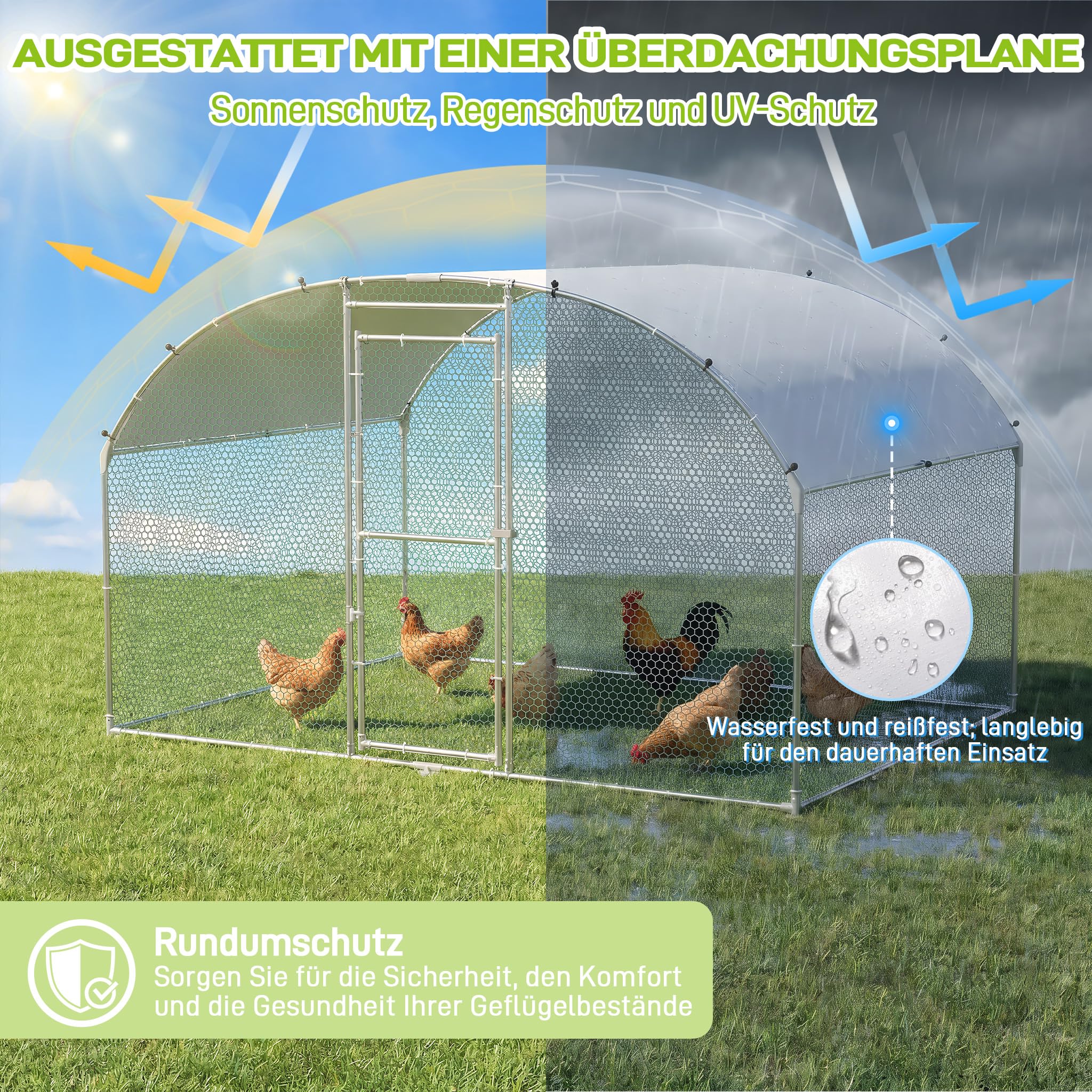 Froadp Pollaio 3 x 6 m gabbia per polli in metallo zincato Recinzione libera con protezione solare tetto e porta chiudibile a chiave, gabbie per pollo, pollame, conigli