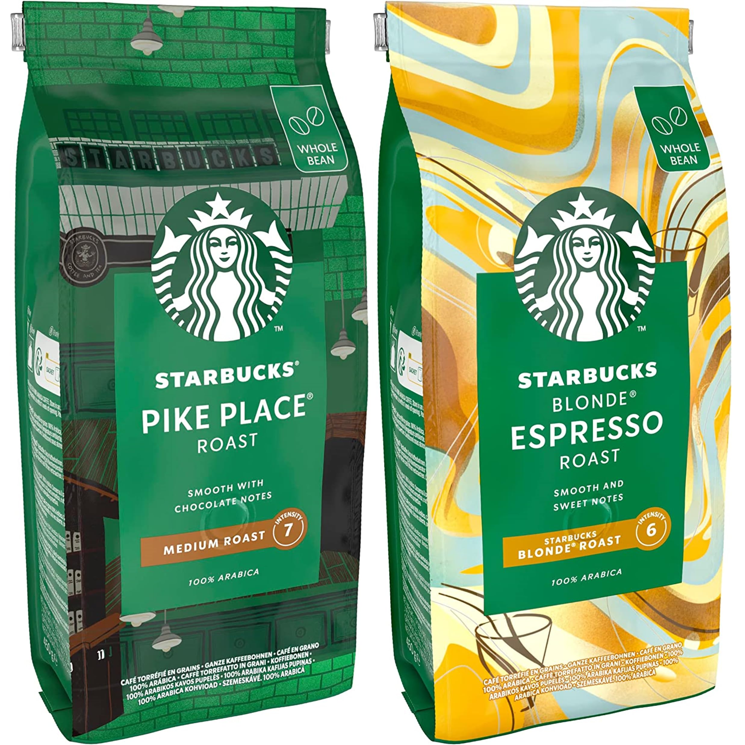 STARBUCKS Pike Place Roast, Blonde Espresso Roast Café De Grano Entero 450g (Paquete de 4)