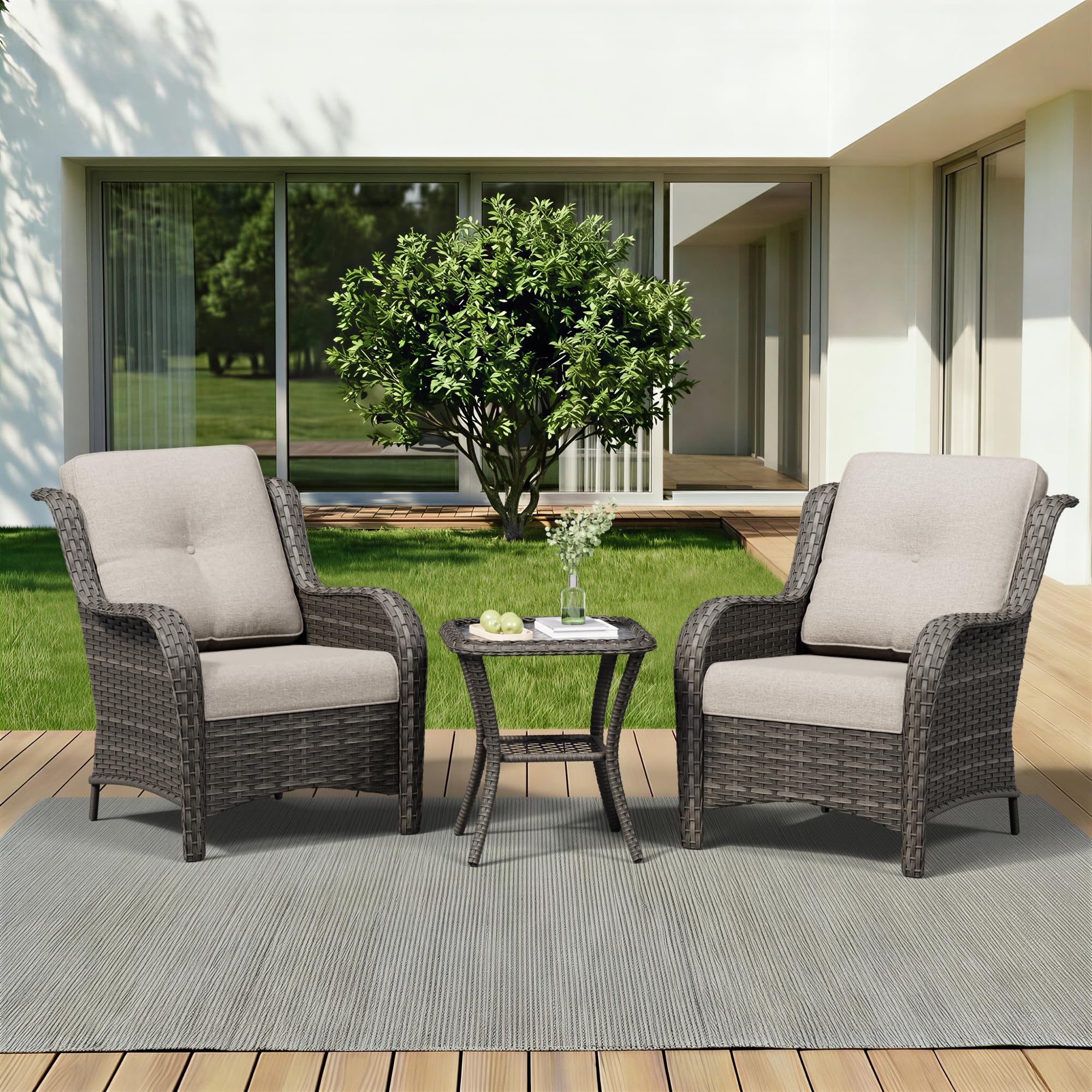 3 Pieces Outdoor Wicker Patio Furniture Set - Patio Chairs Set with Thickened Olefin Cushions, High Back and Deep Seating, Curved Armrest, PE Rattan for Porch, Deck, Balcony,Beige