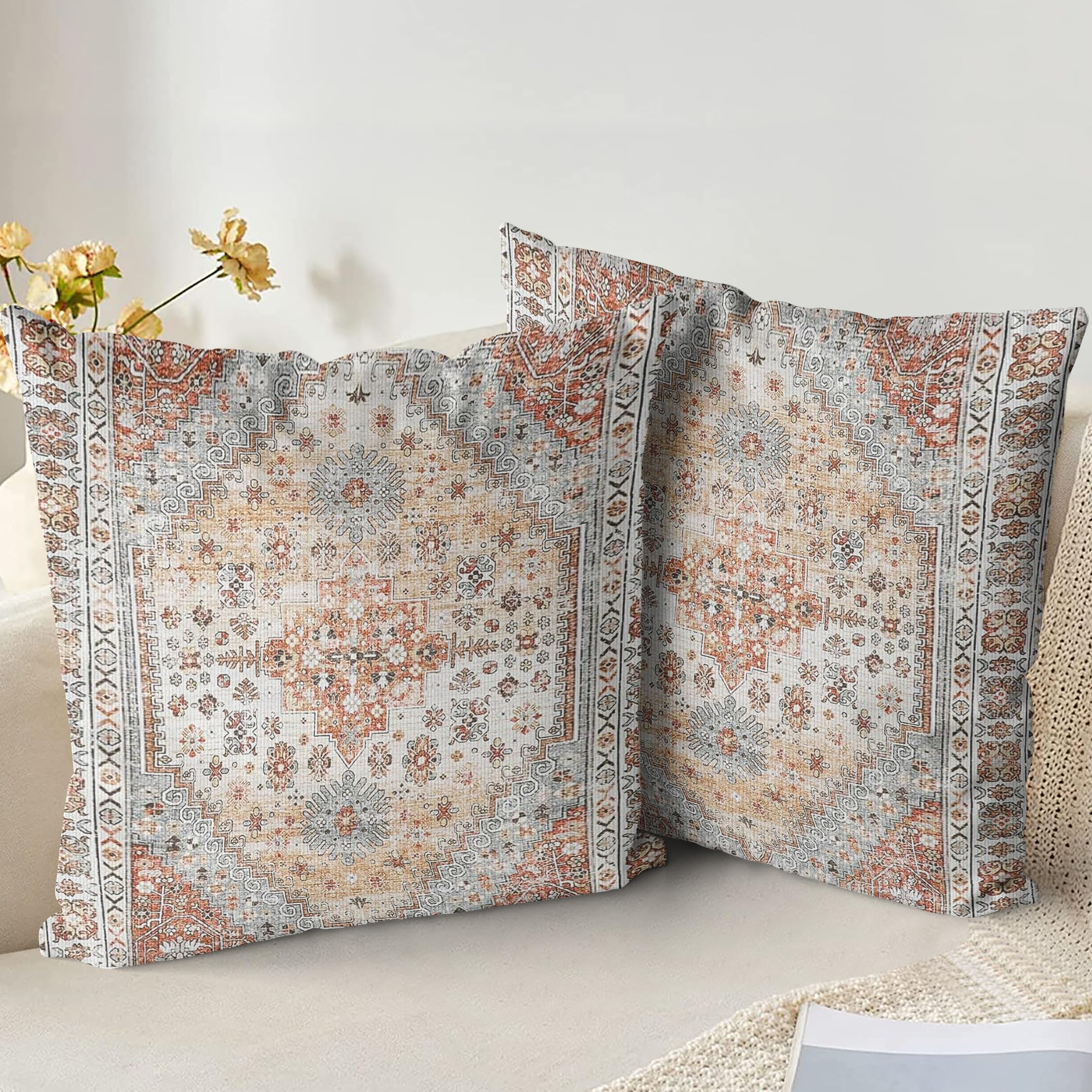 XPHZZL Pack of 2 Soft Decorative Cushion Covers 40 x 40 cm Square Throw Pillow Case Bohemian Style Pillowcases for Sofa Bedroom Outdoor Patio Garden Brown/Orange with Invisible Zipper