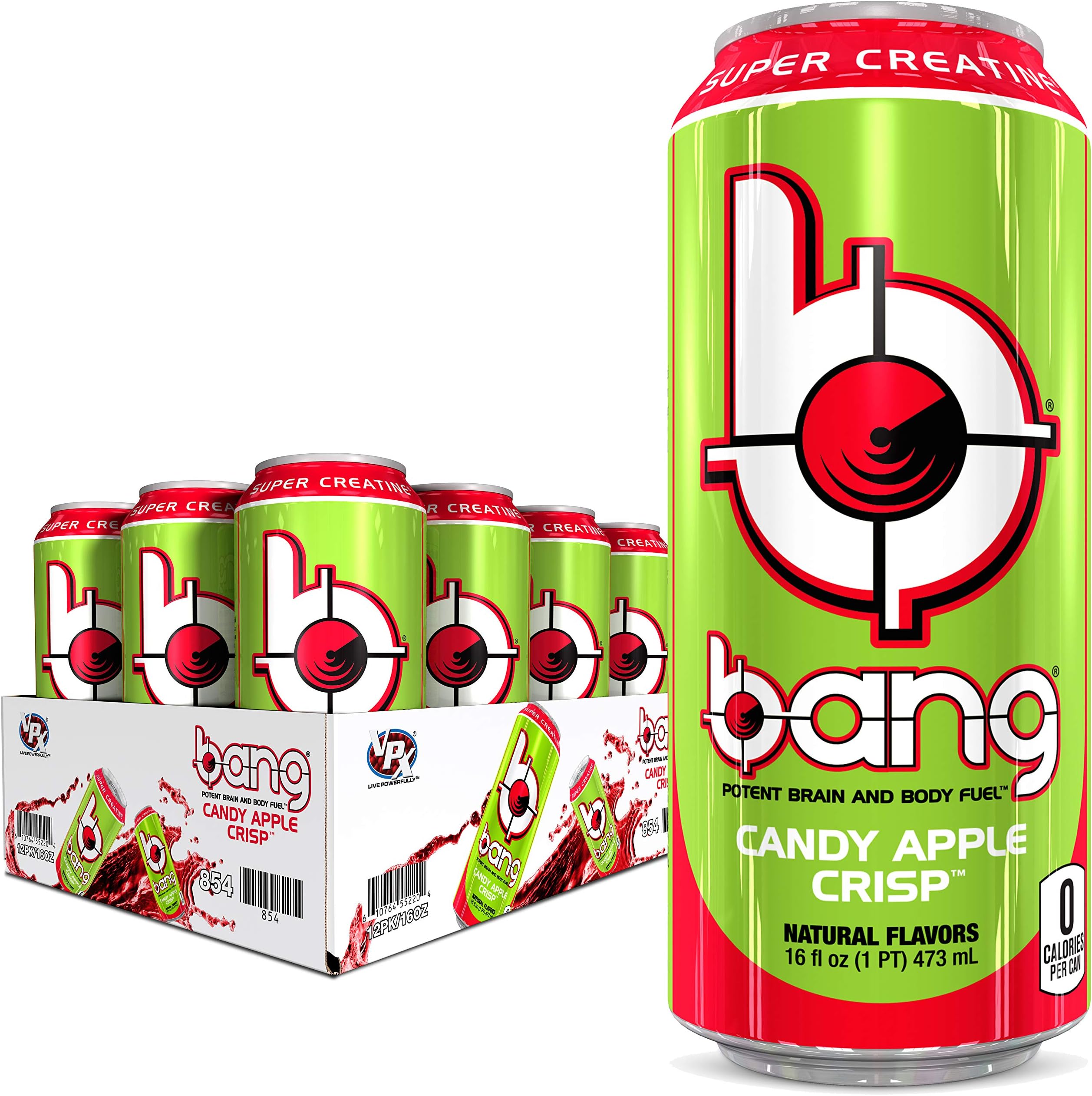 Bang Candy Apple Crisp Energy Drink, 0 Calories, Sugar Free with Super Creatine, 16 Fl Oz (Pack of 12)