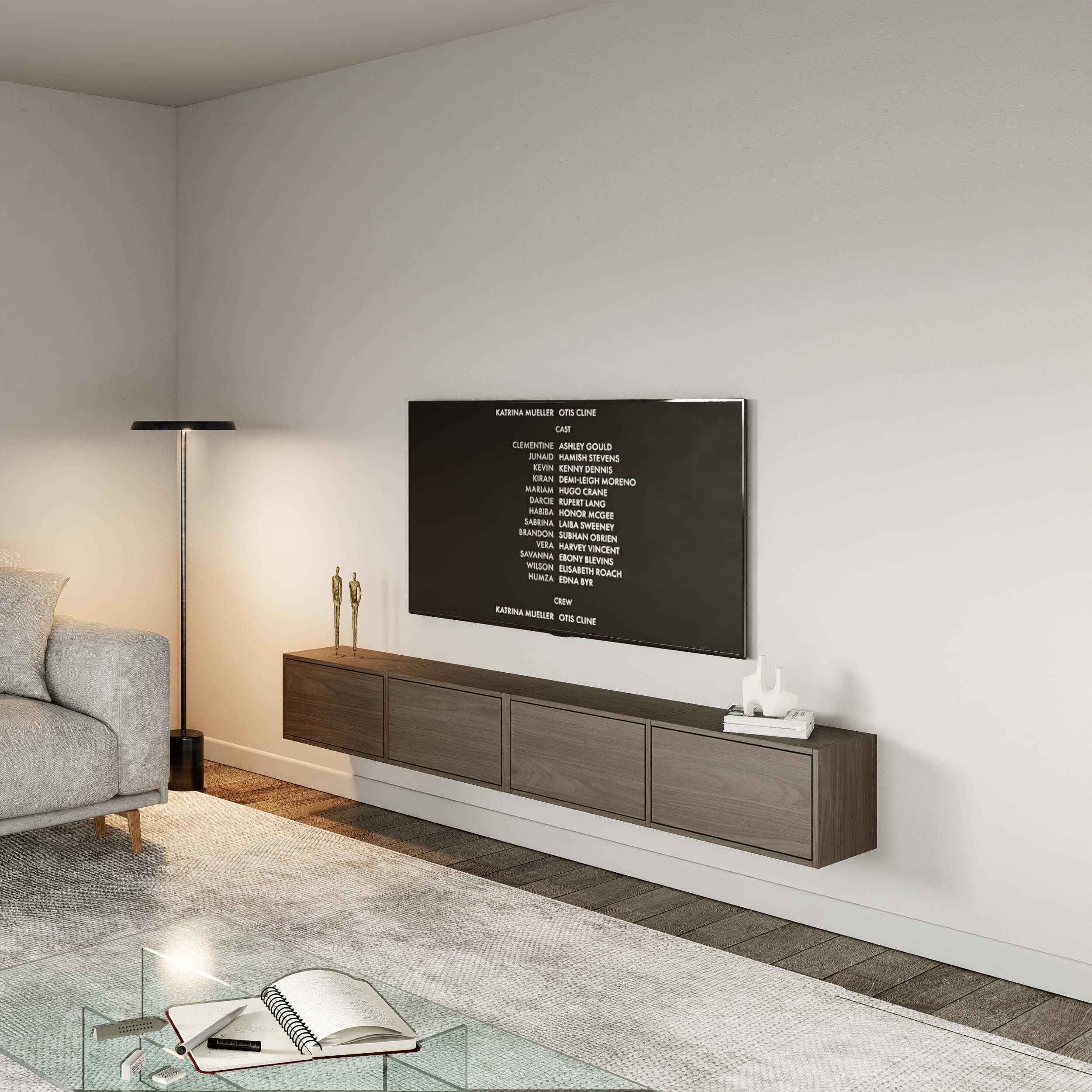 Selsey Mobile Porta TV Sospeso Noce Wisconsin Stile Minimalista e Funzionale 200 cm / 2 Moduli da 100 cm Quattro Ante a Ribalta Pannelli di Truciolato Laminato 16 mm Sistema Push-to-Open Elegante