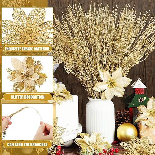 Miniatura 3 de Tigeen 45 flores de Pascua con purpurina de 5.3 pulgadas, púas de bayas artificiales de 17 pulgadas, adorno para árbol de Navidad, flores