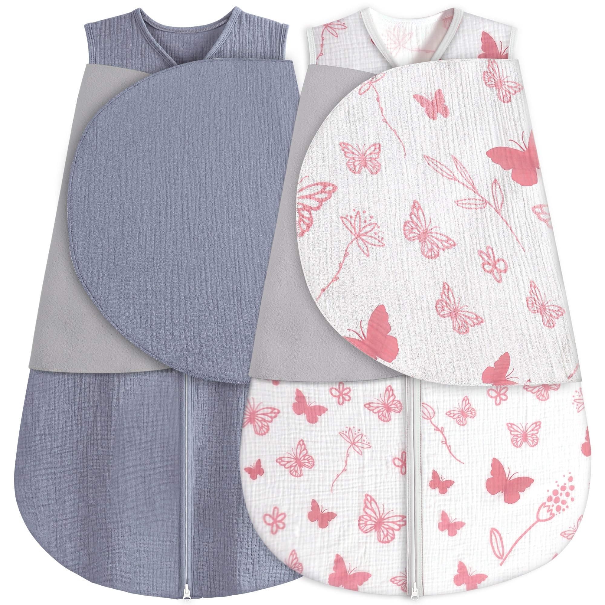 BSTOPPT Newborn Sleep Sack Baby Swaddle,100% Muslin Cotton,3-Way Adjustable Wearable Blanket,Swaddling Sleeping Bag (2, Gray &amp; Pink Butterfly, 3-6 Months)