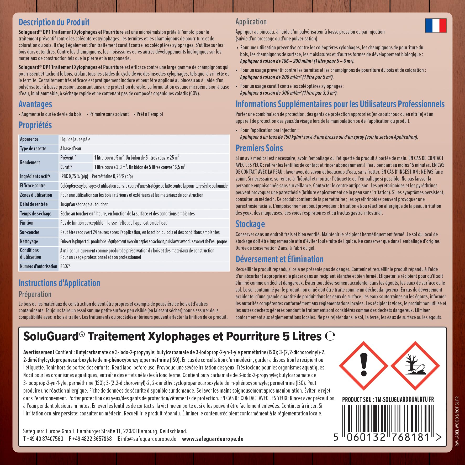 SoluGuard Traitement Xylophages et Pourriture du Bois - 5 L - Protection Fongicide Poutre, Charpente, Bois Intérieur et Extérieur - Protection Contre les Vrillettes, Termites et les Champignons