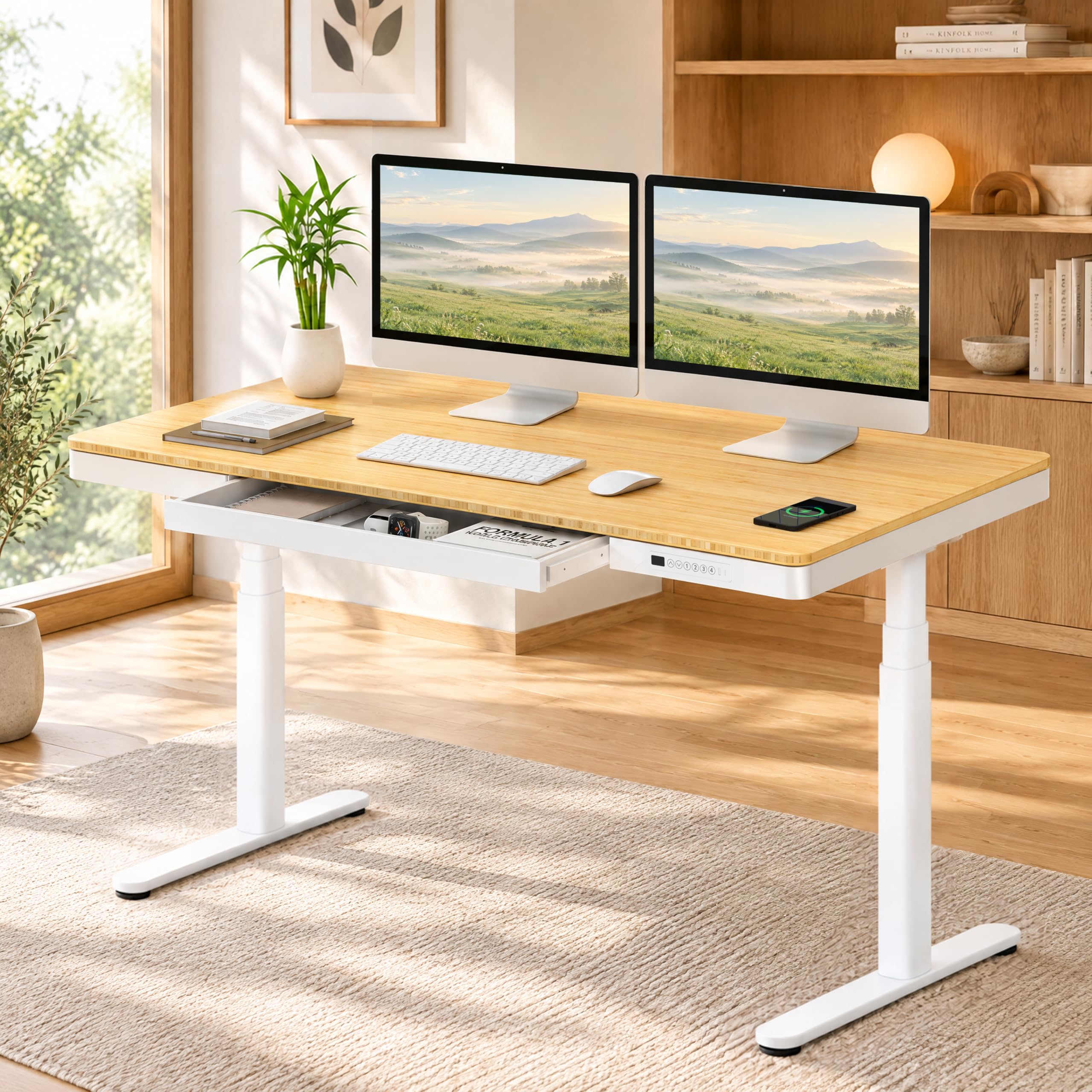 FLEXISPOT Q8 55 Bamboo Dual Motor Standing Desk with Drawer