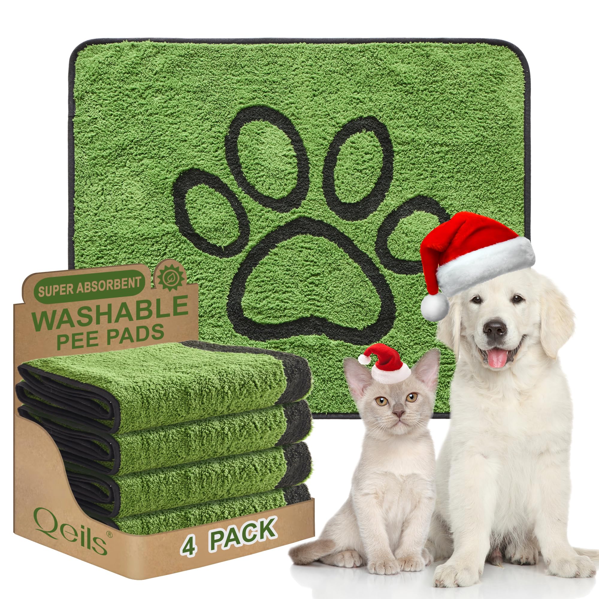 Qeils Reusable Dog Pee Pads, 4 Pack Super Absorbent & Leakproof Washable Puppy Pads with Soft Green Top Layer, for Potty Training, Crates, Couch, Car Seats & Pet Beds, 30"x 34"