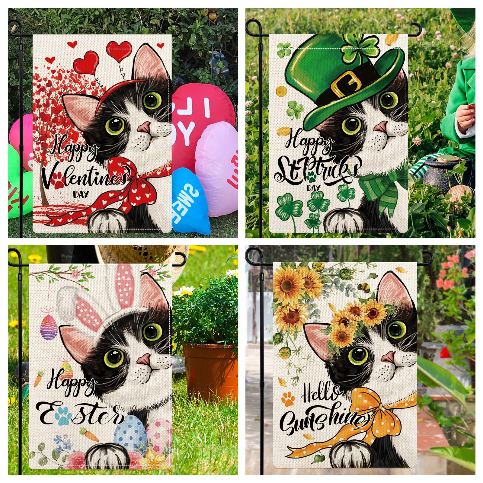 YOVOYOA Gartenflaggen Set – 12 Stück Mit Schwarzen Katzen-Motiven, Doppelseitig, 30,5 X 45,7 Cm, Für Alle Jahreszeiten