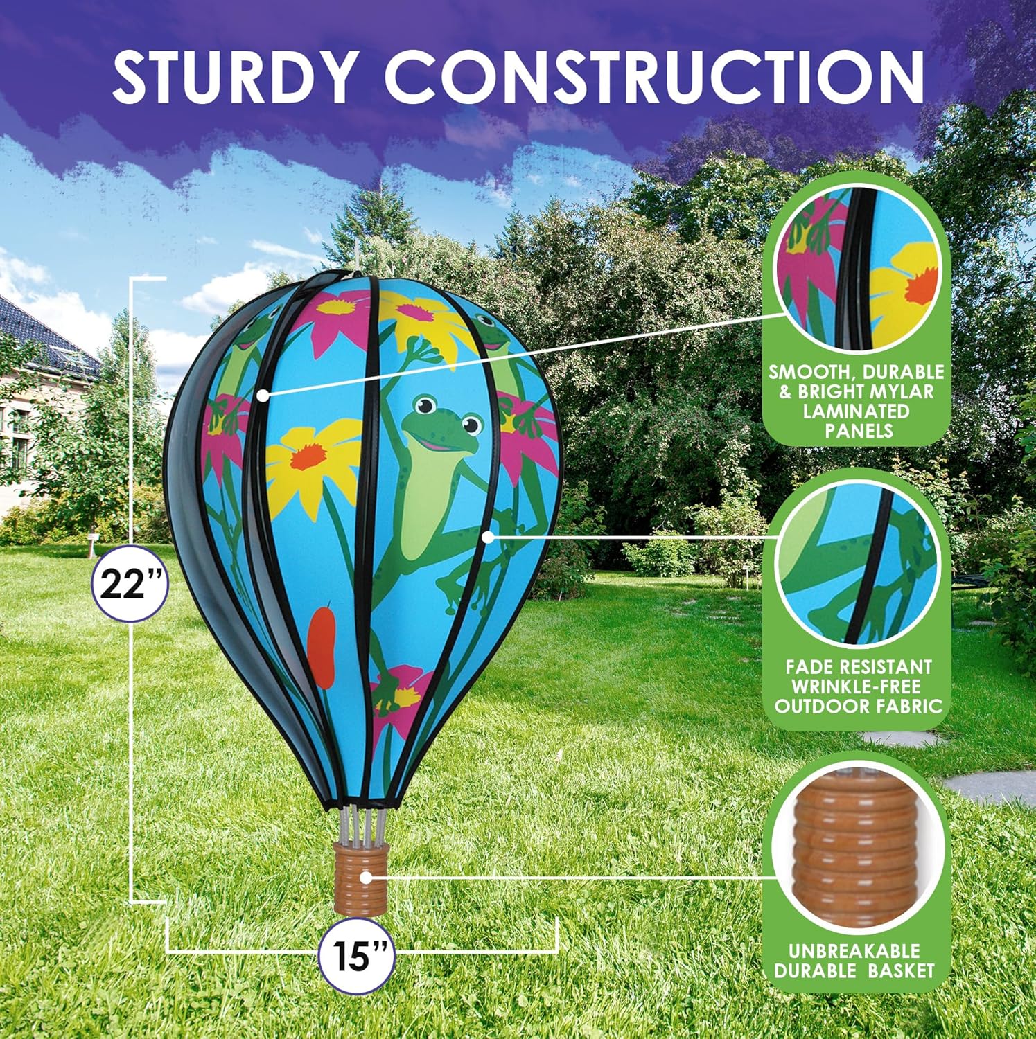 Hot Air Balloon Hanging Garden Spinner 22" - Vibrant Frog Design, Weather-Resistant Outdoor Decor, Durable & Lightweight for Patios, Yards, and Gardens - Eye-Catching Wind Spinner