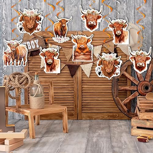 Miniatura 5 de Libima 24 piezas de vaca de las tierras altas colgantes, remolino occidental de las tierras altas, decoraciones de fiesta para baby shower,