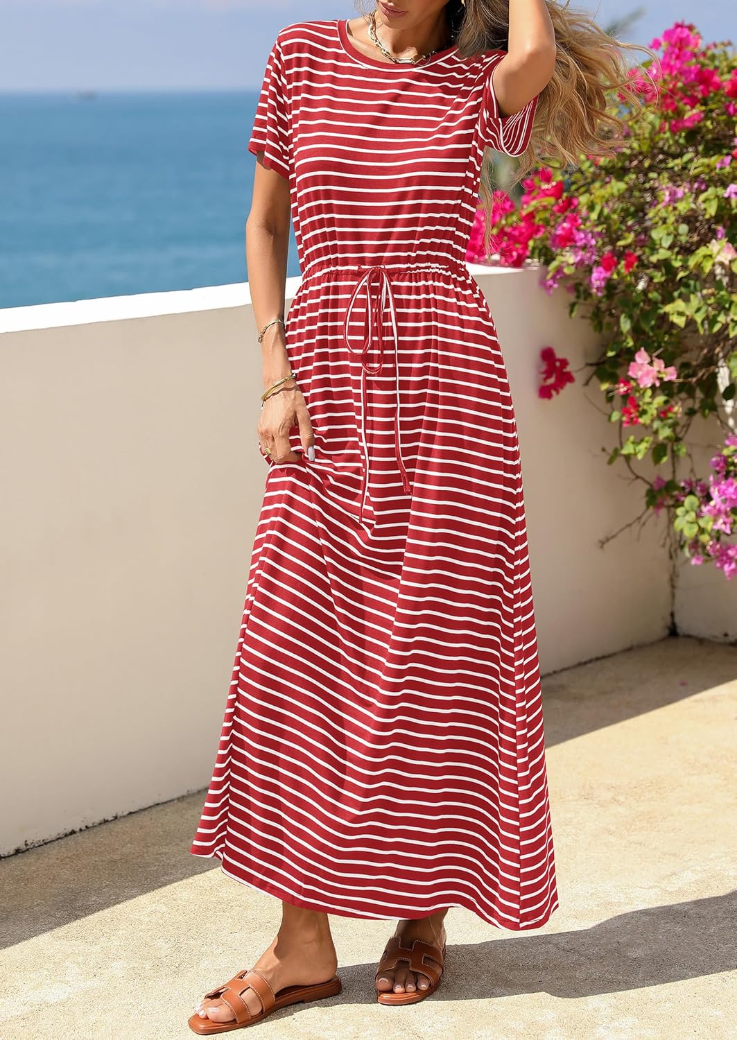 NALANISA Women's Summer Maxi Dresses 2026 Casual Short Sleeve Striped Drawstring Waist Loose Fit T Shirts Dress Beach Outfits - Image 7