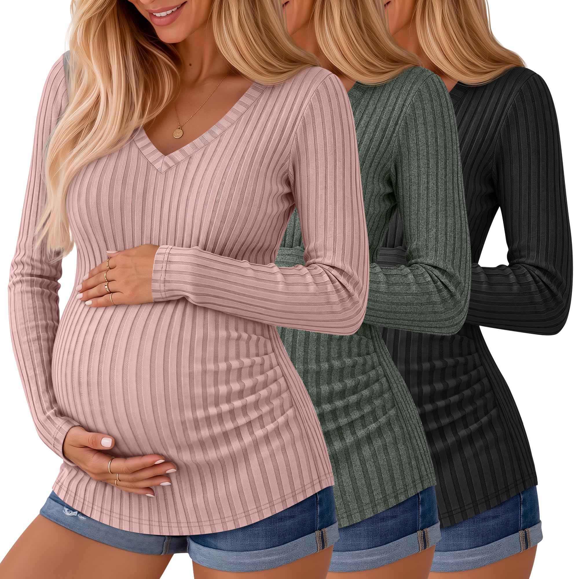 Ficerd 3 Pack Women Maternity Ribbed Long Sleeve Sweater Shirts