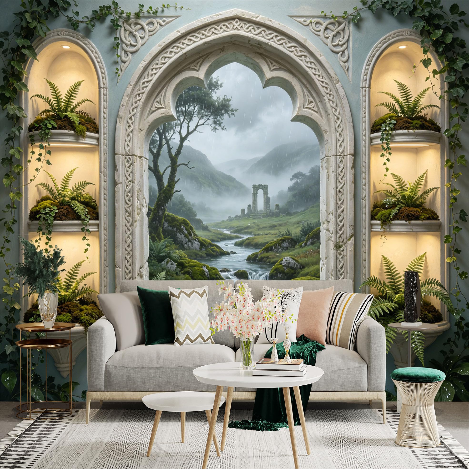 Lnzczhyre Dbh260521634 Custom Size Wall Sticker Mural， Ancient Stone Archway Window， Misty Landscape With River， Mossy Ruins， Forest Scenery， For Wall Decoration， Peelandstick Wall Decals.