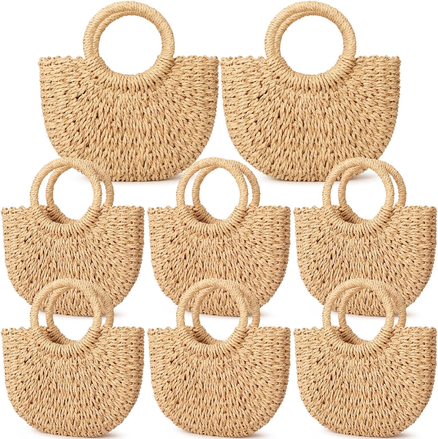 BBTO 8 Pcs Semi Circle Straw Bag for Women, Rattan Woven Crossbody Bag, Retro Travel Bride Tote Handbag for Summer Beach