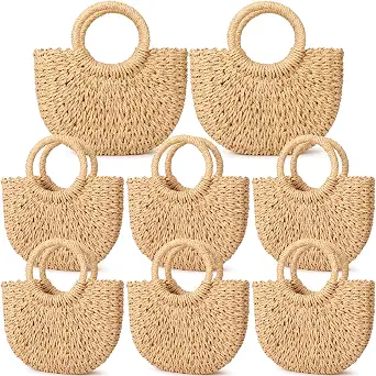 BBTO 8 Pcs Semi Circle Straw Bag for Women, Rattan Woven Crossbody Bag, Retro Travel Bride Tote Handbag for Summer Beach